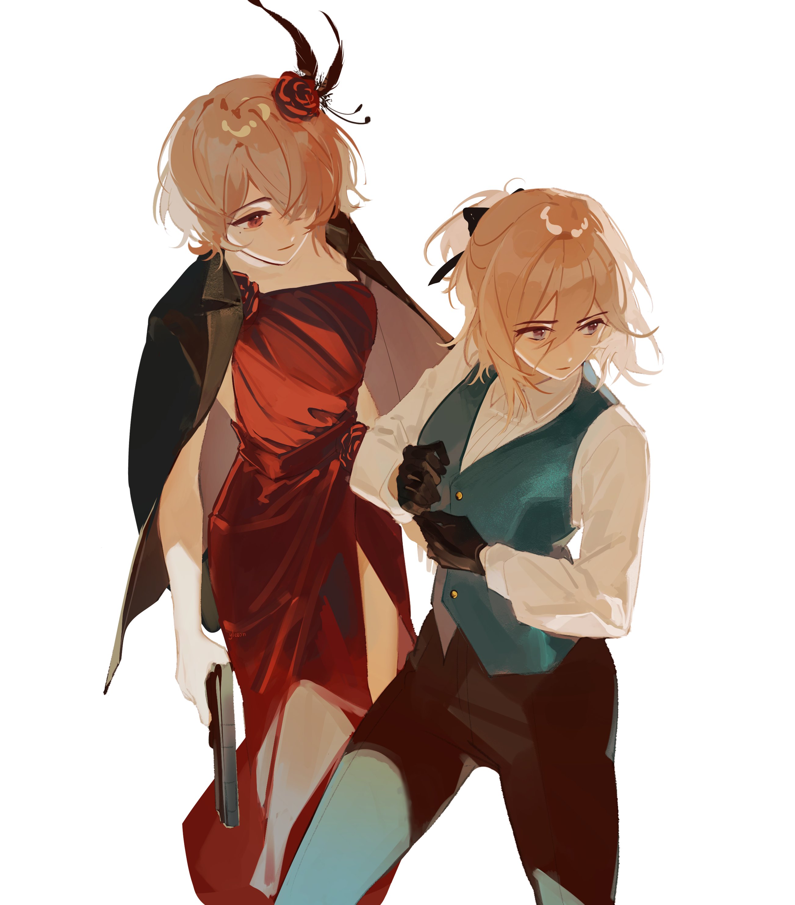 ylceon, durandal (honkai impact), rita rossweisse, honkai (series), honkai impact 3rd, absurdres, commentary, english commentary, highres, 2girls, black gloves, black jacket, black pants, blonde hair, brown hair, collared shirt, dress, flower, gloves, gun, hair over one eye, holding, holding gun, holding weapon, jacket, jacket on shoulders, long sleeves, mole, mole under eye, multiple girls, pants, red dress, red flower, red rose, rose, shirt, side slit, suit jacket, vest, weapon, white gloves, white shirt