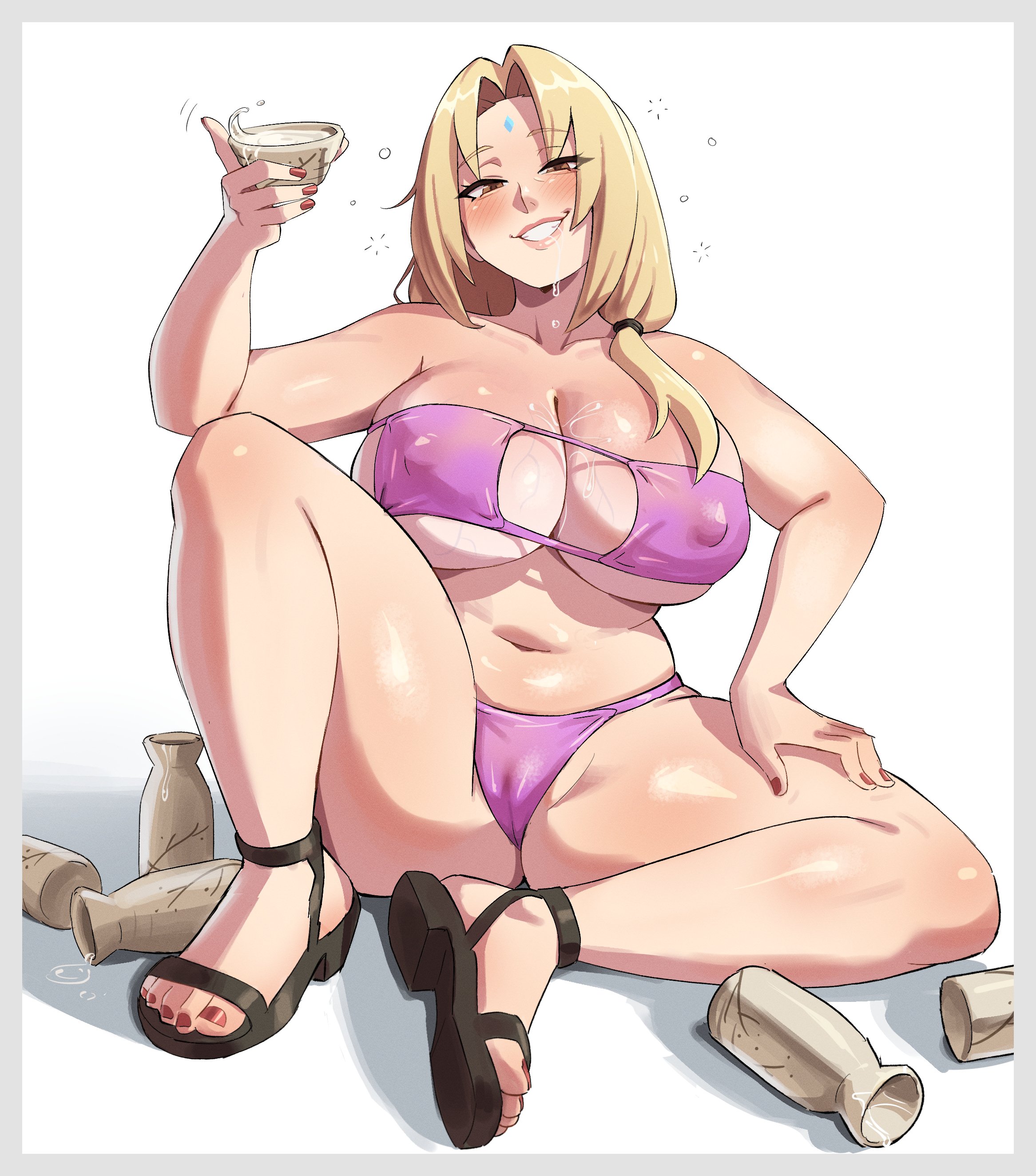 kharon, kharuart, tsunade (naruto), naruto (classic), naruto (series), 1girl, alcohol, bikini, black sandals, blonde hair, blush, breasts, brown eyes, cameltoe, cleavage, covered erect nipples, cup, drinking, drooling, drunk, eyepatch bikini, facial mark, forehead mark, hair intakes, hair over shoulder, hair tie, hand on own thigh, holding, holding cup, huge breasts, knee up, lips, long hair, low twintails, mature female, nail polish, navel, pink bikini, red nails, sake, sandals, sitting, smile, solo, spread legs, swimsuit, thick thighs, thighs, toenail polish, toenails, tokkuri, twintails, veins, veiny breasts, white background