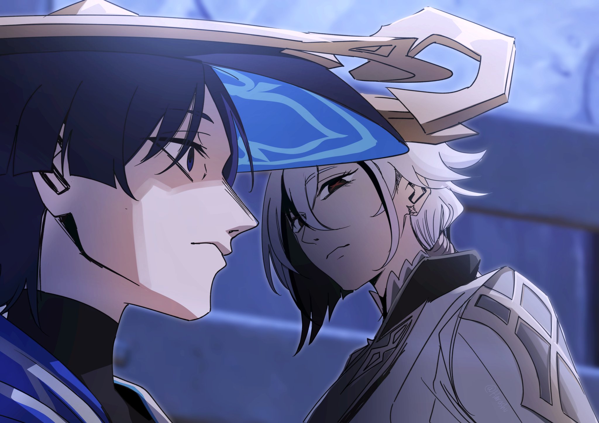 harashu (harashu96), arlecchino (genshin impact), scaramouche (genshin impact), wanderer (genshin impact), genshin impact, highres, 1boy, 1girl, black bodysuit, black eyes, black hair, blue cape, blue hat, blunt ends, bodysuit, cape, closed mouth, coat, earrings, eyelashes, gold, hair between eyes, hat, jewelry, jingasa, long hair, looking at another, looking to the side, multicolored hair, purple eyes, red pupils, sidelocks, star (symbol), star earrings, streaked hair, symbol-shaped pupils, turtleneck, turtleneck bodysuit, twitter username, white coat, white hair, white sleeves, white trim, x-shaped pupils