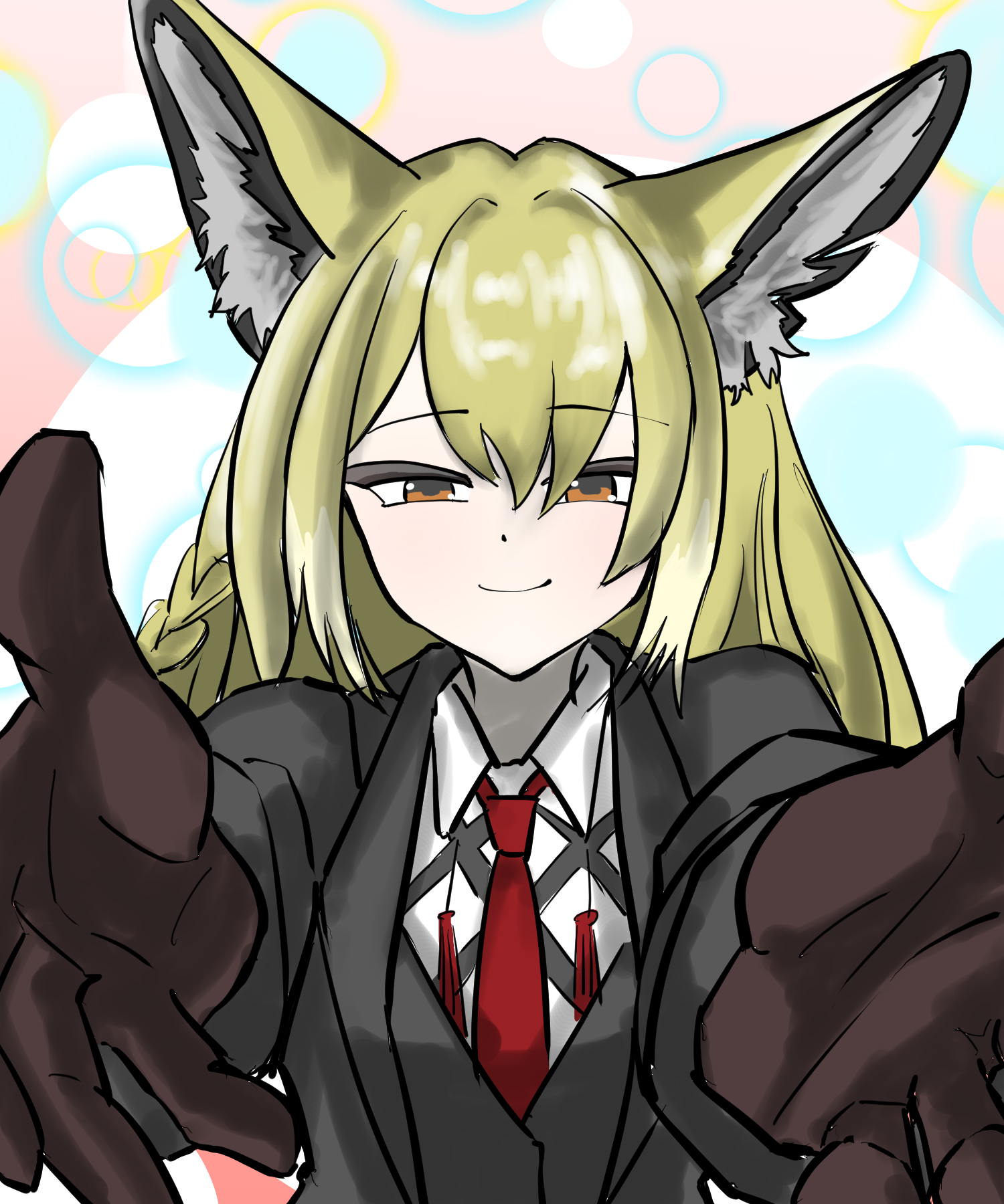 vulpisfoglia (arknights), arknights, commentary, highres, 1girl, animal ears, black jacket, blonde hair, brown eyes, brown gloves, closed mouth, collared shirt, dr.egao, gloves, hair between eyes, jacket, long hair, long sleeves, necktie, reaching, reaching towards viewer, red necktie, shirt, sketch, smile, solo, upper body, white shirt