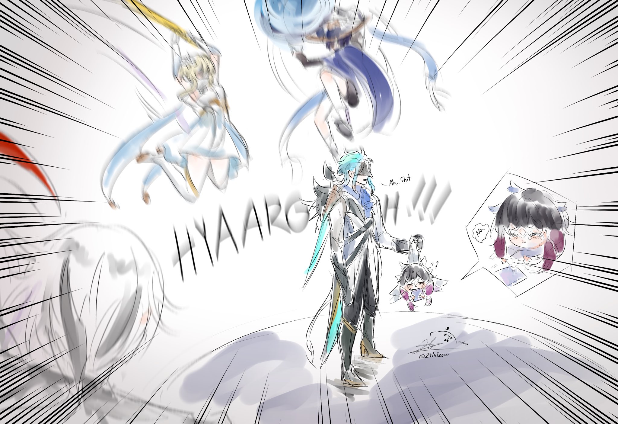 zilvizen, arlecchino (genshin impact), columbina (genshin impact), dottore (genshin impact), lumine (genshin impact), scaramouche (genshin impact), wanderer (genshin impact), genshin impact, distress, highres, spoilers, 2boys, 3girls, aqua hair, arms up, ascot, black boots, black bridal gauntlets, black gloves, black hair, black mask, black pants, black shoes, black shorts, blonde hair, blue cape, blue hat, blunt ends, blunt tresses, boots, bridal gauntlets, cape, clenched hand, closed eyes, closed mouth, coat, coattails, dress, emphasis lines, english text, eye mask, flower, flying sweatdrops, gloves, gold, gold shoes, gold trim, hair flower, hair ornament, hair ribbon, hat, high heel boots, high heels, holding, holding sword, holding weapon, imminent attack, jingasa, mask, multicolored hair, multiple boys, multiple girls, pants, pink hair, purple ascot, ribbon, scarf, shoes, short hair, short hair with long locks, shorts, sidelocks, signature, socks, sound effects, spoken character, standing, streaked hair, sword, thighhighs, tress ribbon, twitter username, vambraces, vortex, weapon, white background, white coat, white dress, white flower, white hair, white mask, white ribbon, white scarf, white socks, white thighhighs