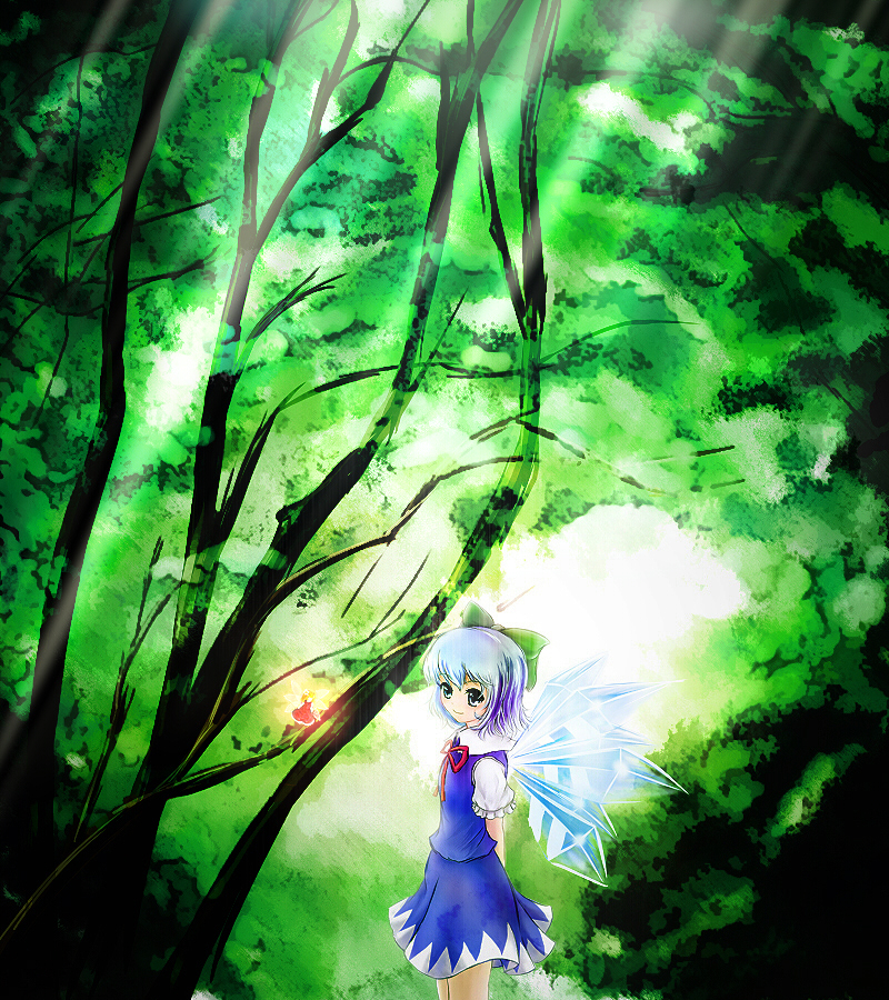 hiromi (artist), cirno, touhou, touhou hisoutensoku, blue hair, bow, forest, hair bow, nature, short hair, solo