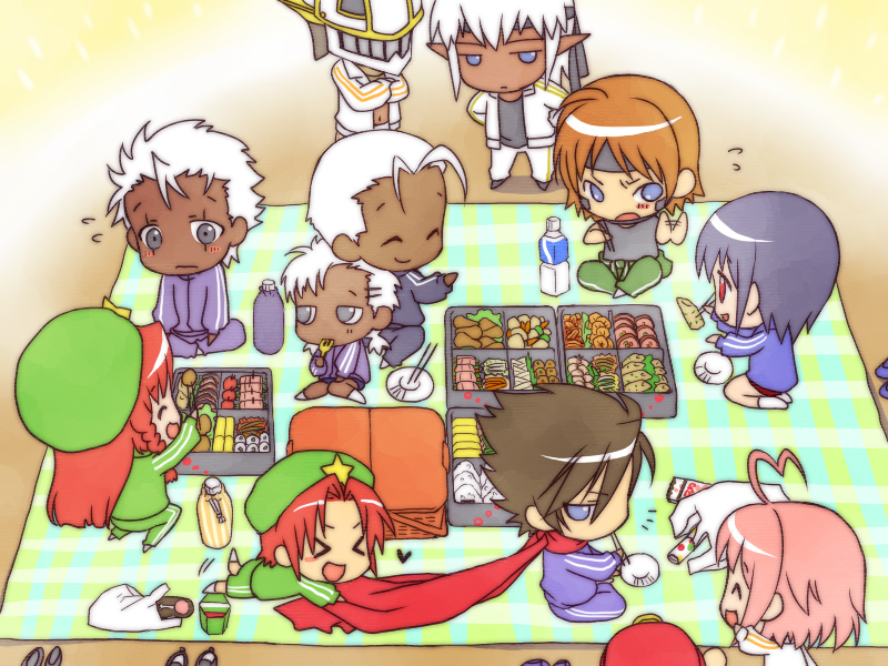 esaka, aino heart, buront, elvaan, hong meiling, kitanai ninja, krizalid, original zero, shiki (samurai spirits), strider hiryuu, vaan (ff11), aq interactive, arcana heart, atlus, capcom, examu, final fantasy, final fantasy xi, m.u.g.e.n, samurai spirits, snk, spelunker, strider (video game), the king of fighters, touhou, bad id, 00s, 4girls, 6+boys, ahoge, bento, blush, chibi, crossover, eating, elf, heart, heart ahoge, if they mated, multiple boys, multiple girls, picnic, pointy ears, red hair, scar, sweat, track suit, white hair