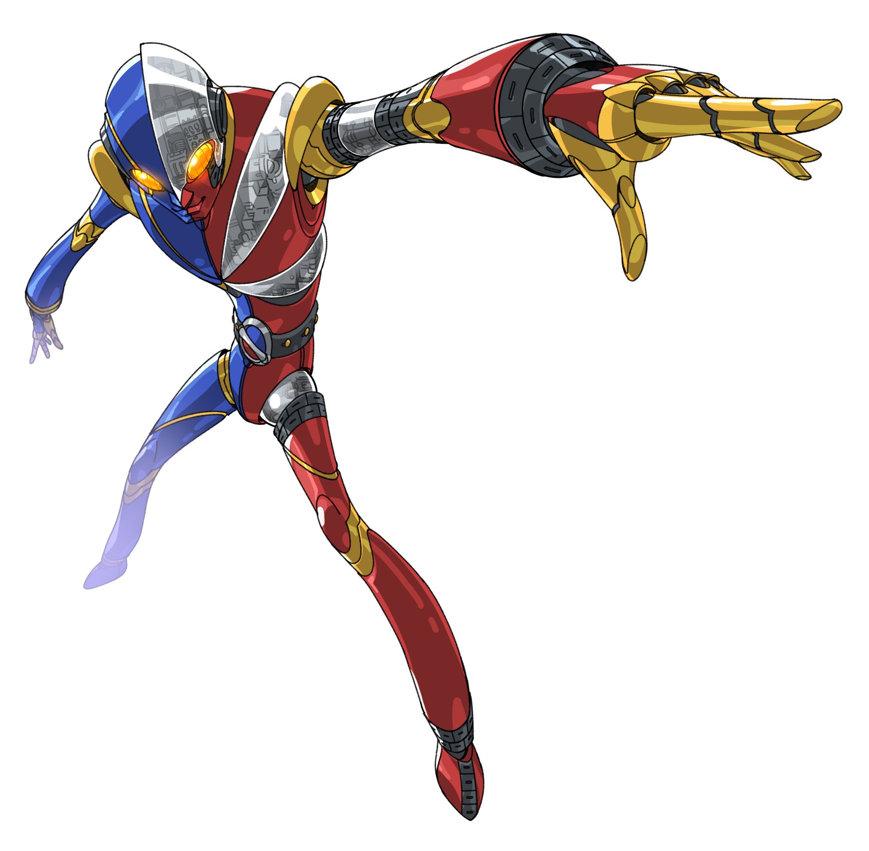 paintedmike, kikaider, jinzou ningen kikaider, kikaider (series), tokusatsu, highres, 1boy, android, armor, belt, boots, full body, glowing, glowing eyes, helmet, male focus, mask, multicolored armor, palette suit, robot, solo, white background, yellow eyes