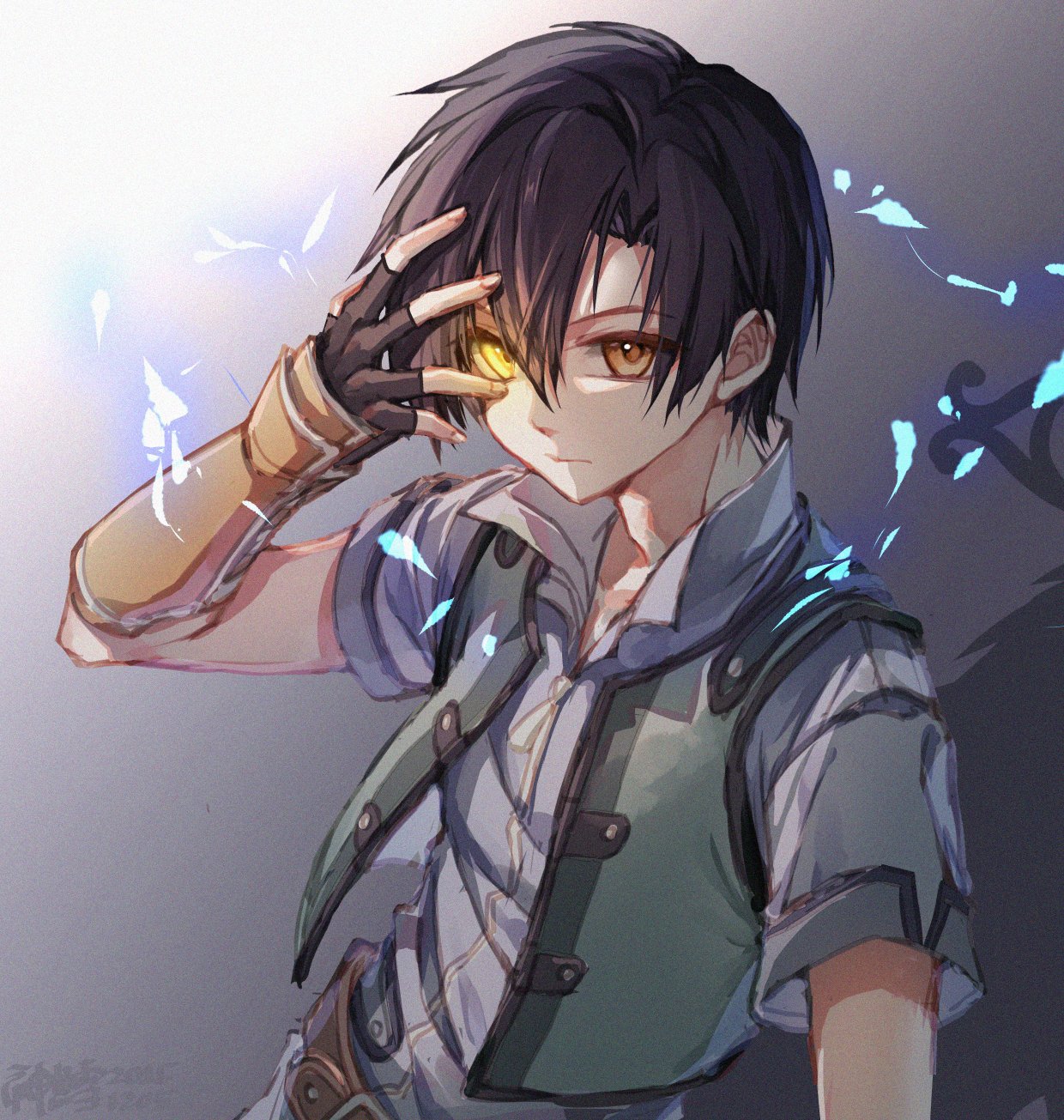 willfin, joshua bright, eiyuu densetsu, sora no kiseki, highres, 1boy, black gloves, black hair, blue shirt, brown eyes, fingerless gloves, gloves, glowing, glowing eye, green vest, looking at viewer, shirt, short sleeves, solo, vest