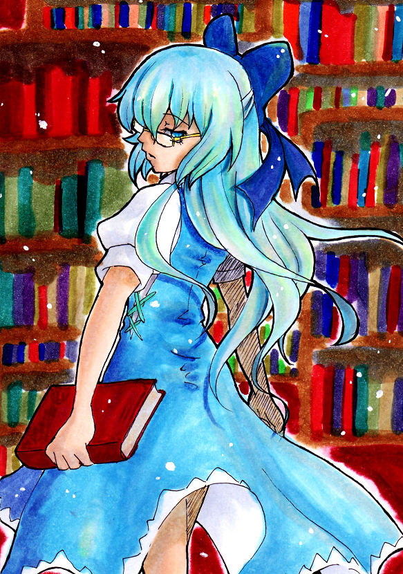 matanonki, cirno, embodiment of scarlet devil, touhou, bad id, bad pixiv id, marker (medium), millipen (medium), pen (medium), traditional media, 1girl, alternate hairstyle, bespectacled, blue eyes, blue hair, book, bow, female focus, glasses, long hair, matching hair/eyes, solo