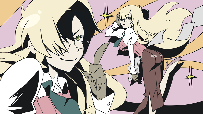 viral (ttgl), yoko littner, yomako, tengen toppa gurren lagann, artist request, 1girl, ass, blonde hair, breasts, brown skirt, cosplay, dress, genderswap, genderswap (mtf), glasses, high heels, large breasts, long hair, long skirt, multiple views, necktie, parody, projected inset, shoes, skirt, style parody, yomako (cosplay)