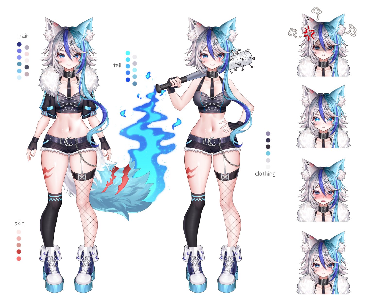 indie virtual youtuber, artist request, highres, 1girl, anger vein, animal collar, animal ears, asymmetrical legwear, baseball bat, belt, black belt, black collar, black gloves, black jacket, black shorts, blue eyes, blue hair, blush, closed mouth, collar, color guide, crescent, crescent hair ornament, cropped jacket, fingerless gloves, fire, fishnet thighhighs, fishnets, flame-tipped tail, fur trim, gloves, grey hair, hair between eyes, hair ornament, hand on own hip, holding, holding baseball bat, jacket, navel, reference sheet, short shorts, shorts, smile, spiked bat, stomach, tail, thighhighs, virtual youtuber, vylett moonheart, wolf ears, wolf girl, wolf tail
