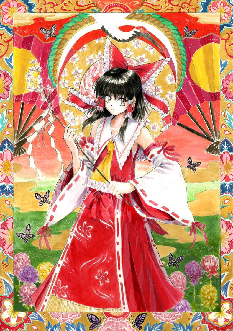 tsurui, hakurei reimu, touhou, acrylic paint (medium), painting (medium), traditional media, 1girl, adapted costume, bare shoulders, bird, black hair, bow, bug, butterfly, colorful, crane (animal), detached sleeves, female focus, folding fan, gohei, hair bow, hand fan, insect, japanese clothes, miko, red-crowned crane, short hair, smile, solo, standing, yellow eyes