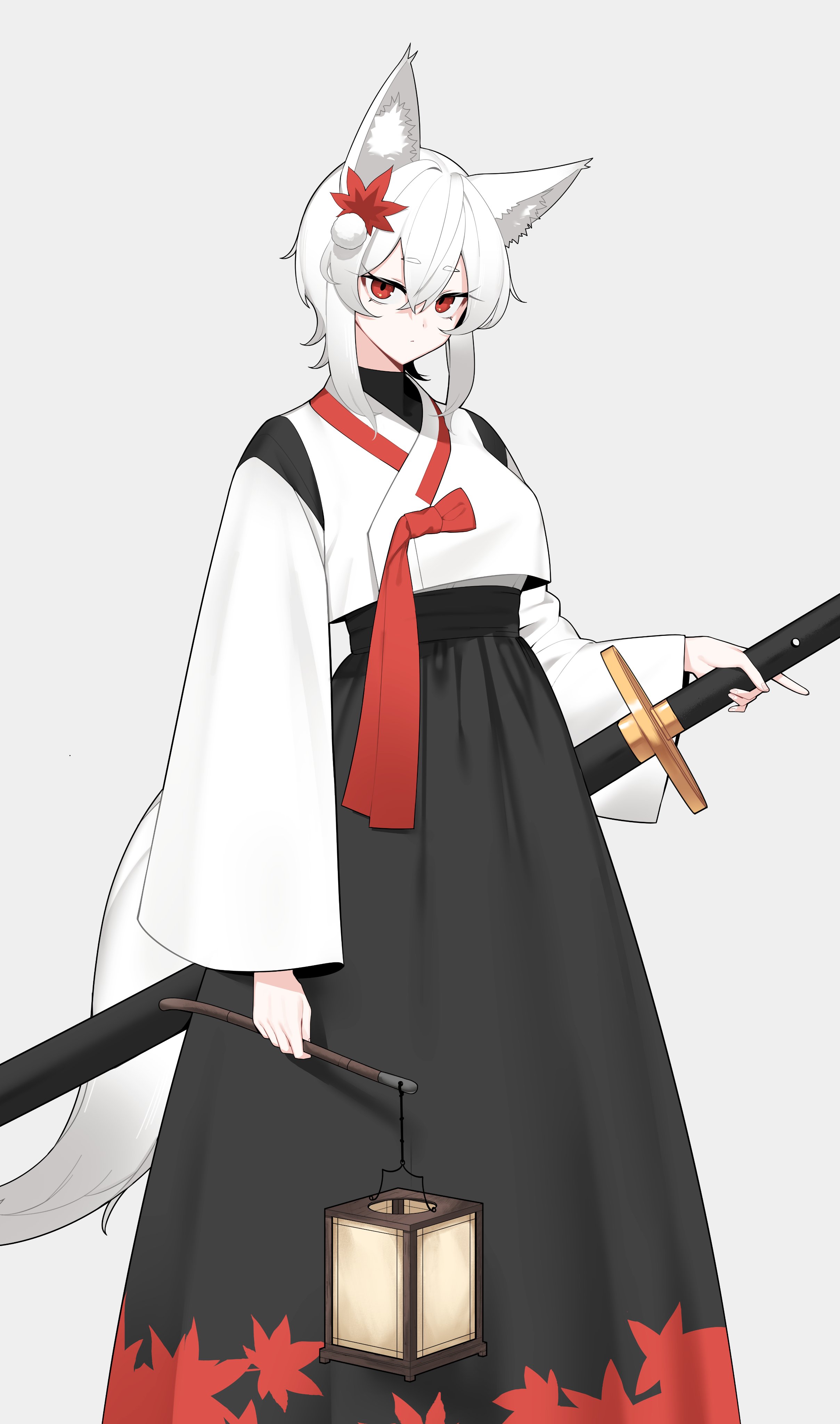 1641 (chfhrtor94), inubashiri momiji, touhou, absurdres, commentary request, highres, korean commentary, 1girl, adapted costume, animal ears, black skirt, breasts, closed mouth, double-parted bangs, expressionless, hair ornament, high-waist skirt, holding, holding lantern, holding sword, holding weapon, lantern, leaf, leaf hair ornament, leaf print, long skirt, long sleeves, looking at viewer, maple leaf, maple leaf print, medium breasts, paper lantern, pom pom (clothes), pom pom hair ornament, red eyes, sheath, sheathed, short hair, sidelocks, simple background, skirt, solo, standing, sword, tail, thick eyebrows, turtleneck, vest, weapon, white hair, white vest, wide sleeves, wolf ears, wolf tail