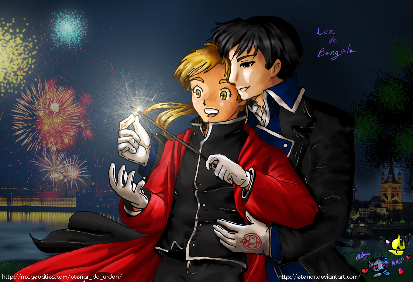 olinca, edward elric, roy mustang, fullmetal alchemist, 2boys, black hair, blonde hair, fireworks, multiple boys, yaoi