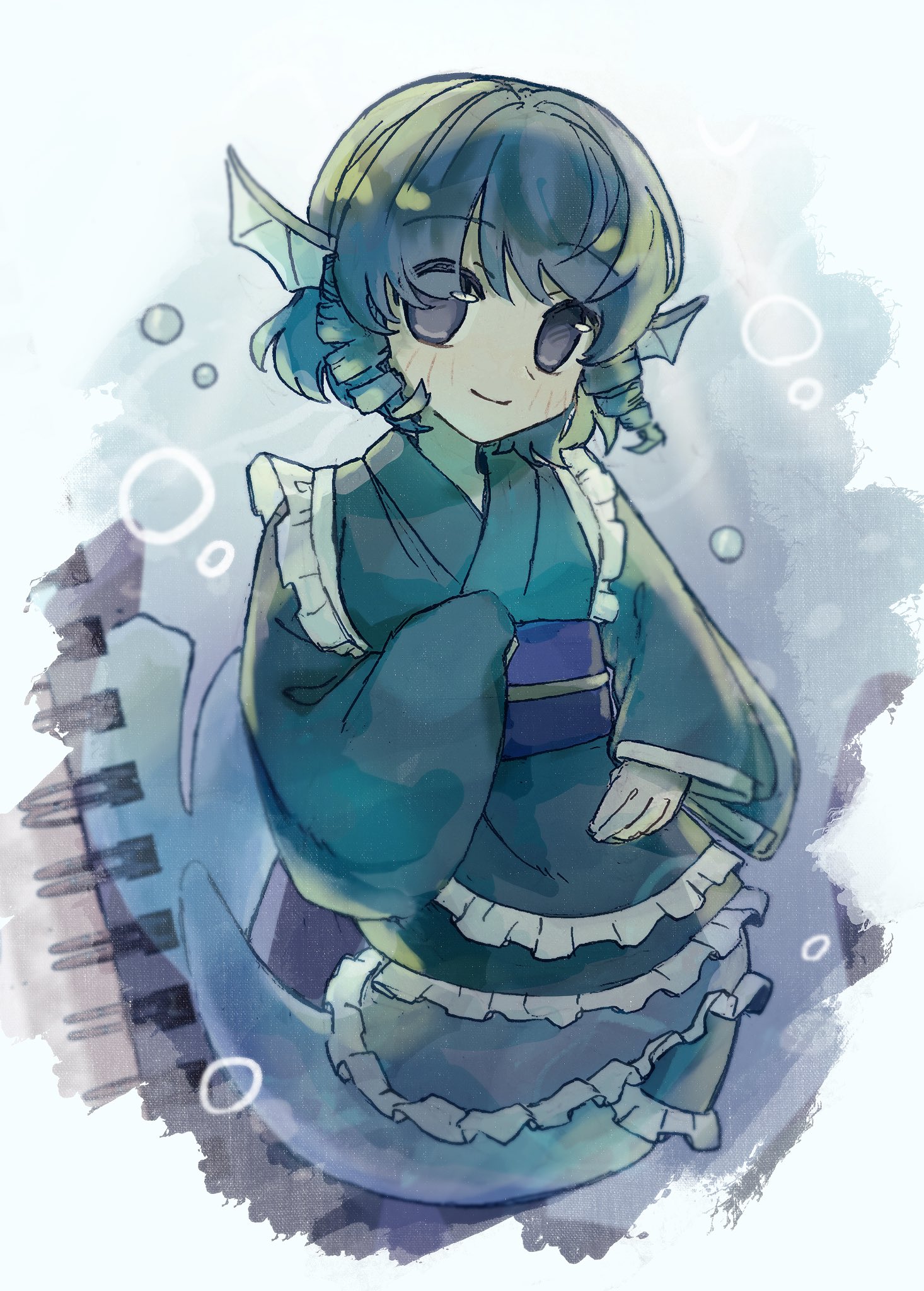 shisan ringo, wakasagihime, touhou, commentary, highres, 1girl, air bubble, blue sash, bubble, fins, frilled kimono, frills, green kimono, head fins, japanese clothes, kimono, looking at viewer, mermaid, monster girl, obi, sash, short hair, smile, solo