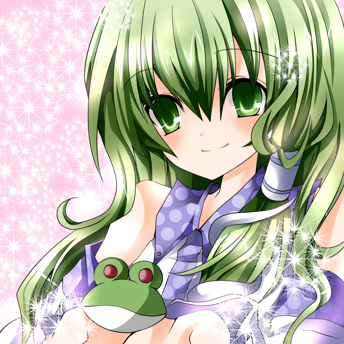 nanase nao, kochiya sanae, touhou, bad id, bad pixiv id, 1girl, detached sleeves, female focus, frog, green eyes, green hair, hair ornament, long hair, solo