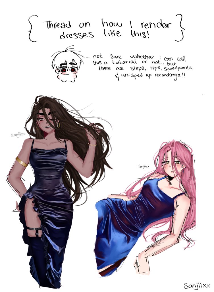 sanjiixx, hyuna (alien stage), mizi (alien stage), alien stage, gold armlet, commentary, english commentary, 2girls, alternate costume, armlet, artist name, black dress, black thighhighs, blue dress, bracelet, breasts, brown hair, dark-skinned female, dark skin, dress, earrings, english text, garter belt, grey eyes, hoop earrings, how to, jewelry, long hair, multiple girls, one eye closed, parted lips, pink hair, side slit, sleeveless, sleeveless dress, thick eyebrows, thighhighs, very long hair, yellow eyes