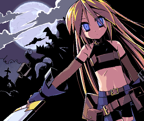 redrantem, tomoshibi hidekazu, girl with a blonde braid (tomoshibi hidekazu), redrantem's orange haired girl, original, lowres, 1girl, alternate hairstyle, bike shorts, blonde hair, blue eyes, female focus, flat chest, full moon, moon, night, oekaki, solo