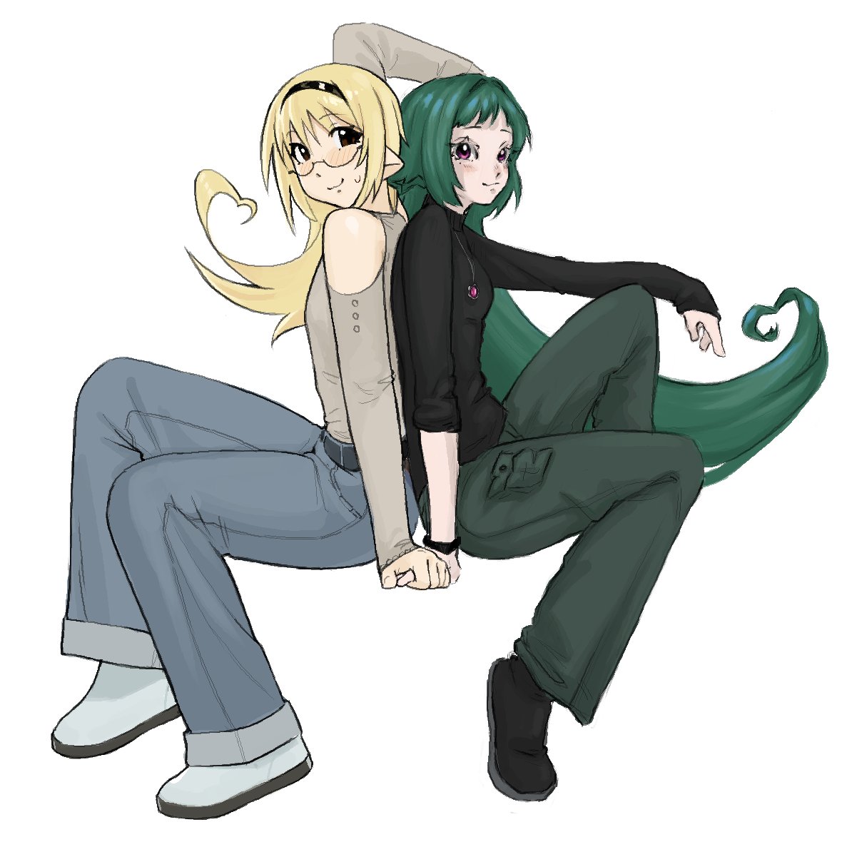 yirtios, original, artist collaboration, 2girls, arm up, bare shoulders, black-framed eyewear, black hairband, black sweater, blonde hair, brown eyes, clothing cutout, denim, drawpile (medium), full body, fuyu (knooooe), glasses, grey sweater, hairband, hand up, heart, heart-shaped hair, hira (yirtios), invisible chair, jeans, jewelry, knee up, knooooe, long hair, long sleeves, looking at viewer, multiple girls, necklace, pants, pointy ears, purple eyes, semi-rimless eyewear, shoulder cutout, sitting, sleeves rolled up, smile, sweatdrop, sweater, symmetrical pose, turtleneck, turtleneck sweater, under-rim eyewear, very long hair