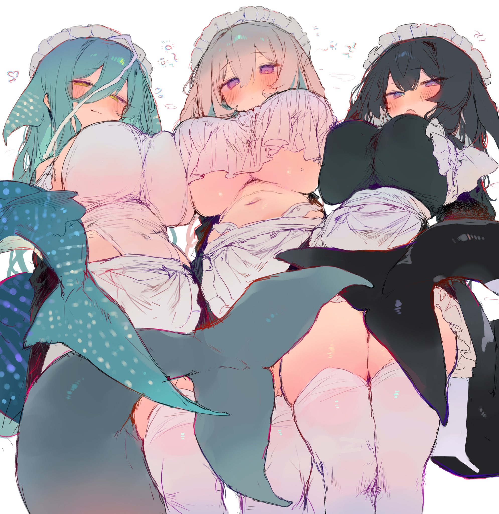 bunchi, original, commentary request, highres, 3girls, apron, aqua hair, asymmetrical docking, black hair, blush, breast press, breasts, cetacean tail, closed mouth, colored inner hair, covered navel, feet out of frame, fins, fish tail, grey hair, hair between eyes, half-closed eyes, heart, huge breasts, long hair between eyes, looking at viewer, loosely tucked bangs, maid, multicolored hair, multiple girls, navel, no bra, open mouth, purple eyes, shout lines, sideboob, smirk, squeans, stomach, tail, thighhighs, underboob, waist apron, white apron, white thighhighs
