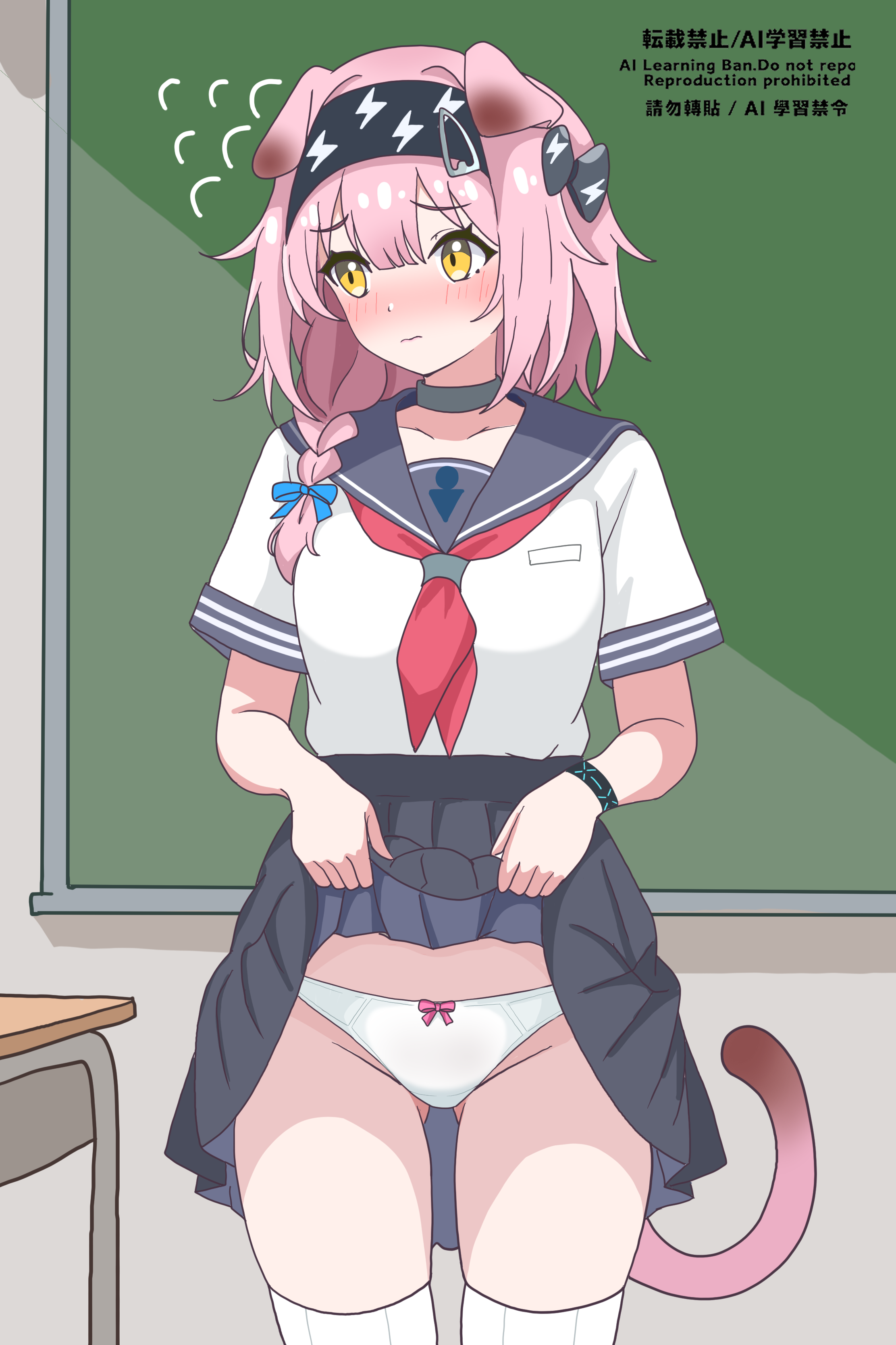 eggplant7217, goldenglow (arknights), infection monitor (arknights), arknights, absurdres, commentary, highres, 1girl, animal ears, averting eyes, black bow, black choker, black hairband, black sailor collar, black skirt, blue bow, blush, bow, braid, choker, closed mouth, clothes lift, cowboy shot, embarrassed, flying sweatdrops, groin, hair between eyes, hair bow, hairband, lifting own clothes, lightning bolt print, medium hair, neckerchief, panties, pink hair, pink tail, pleated skirt, red neckerchief, sailor collar, school uniform, serafuku, shirt, short sleeves, skirt, skirt lift, solo, standing, tail, thighhighs, underwear, watermark, white panties, white shirt, white thighhighs, yellow eyes