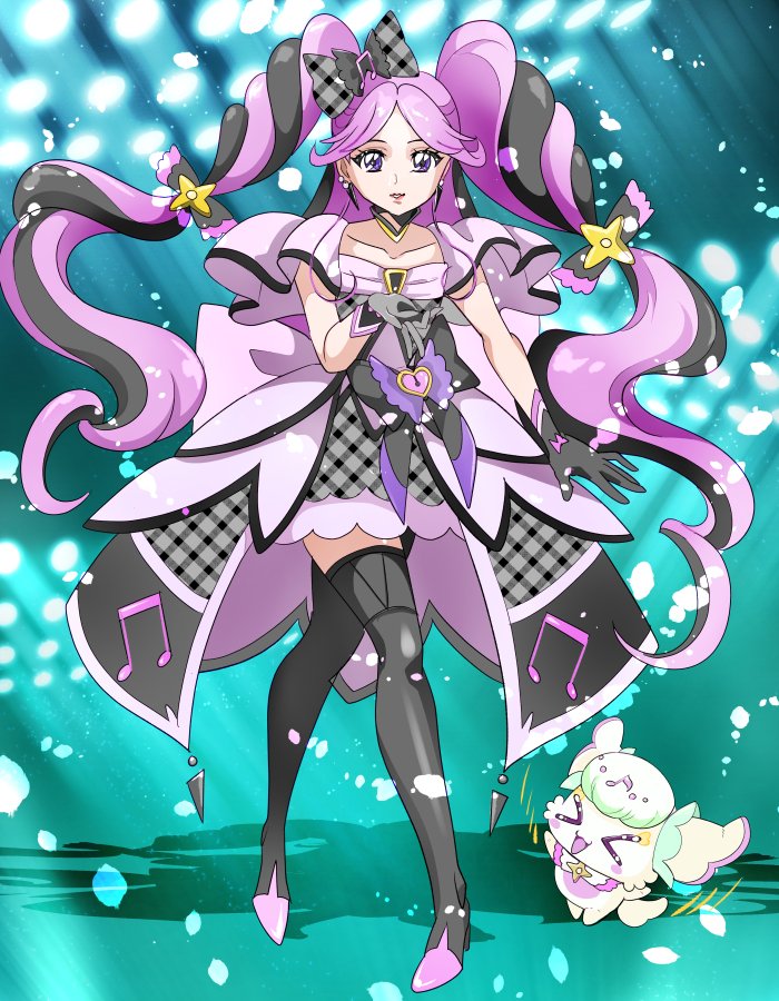 tsubatsuba (tsubame), cure kiss, meroron (precure), purirun (precure), kimi to idol precure, precure, > <, black gloves, black hair, black thighhighs, boots, braid, dress, earrings, fortissimo, full body, gloves, green background, hair ornament, hair ribbon, jewelry, long hair, multicolored hair, musical note, musical note hair ornament, open mouth, pink hair, puffy dress, purple eyes, ribbon, thighhighs, twin braids, twintails, very long hair