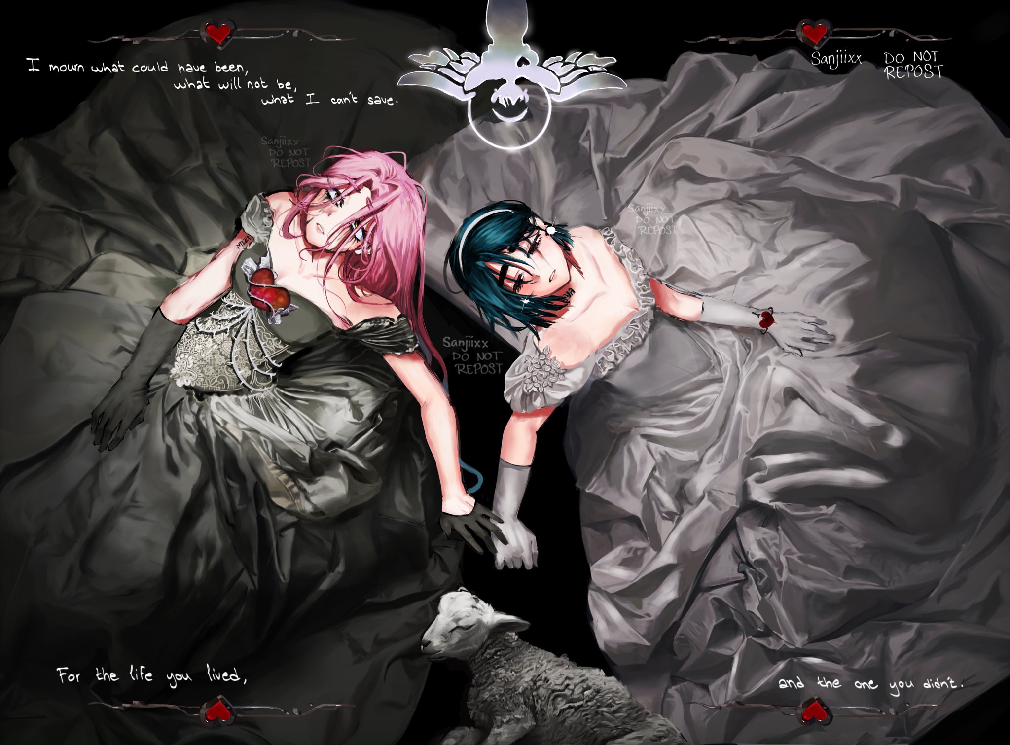 sanjiixx, mizi (alien stage), sua (alien stage), alien stage, commentary, commentary request, english commentary, highres, 2girls, alternate costume, artist name, asymmetrical gloves, black dress, black gloves, black hair, dress, earrings, english text, gloves, gown, half gloves, heart, jewelry, makeup, multiple girls, off-shoulder dress, off shoulder, parted lips, pink hair, runny makeup, single half glove, sitting, uneven gloves, white dress, white gloves, yellow eyes