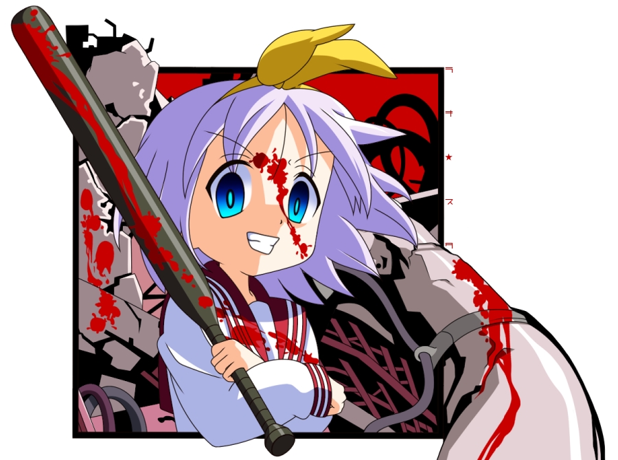rindou (awoshakushi), hiiragi tsukasa, lucky star, bad id, bad pixiv id, 00s, baseball bat, blood, grin, purple hair, ribbon, school uniform, serafuku, short hair, smile, solo, weapon, yandere