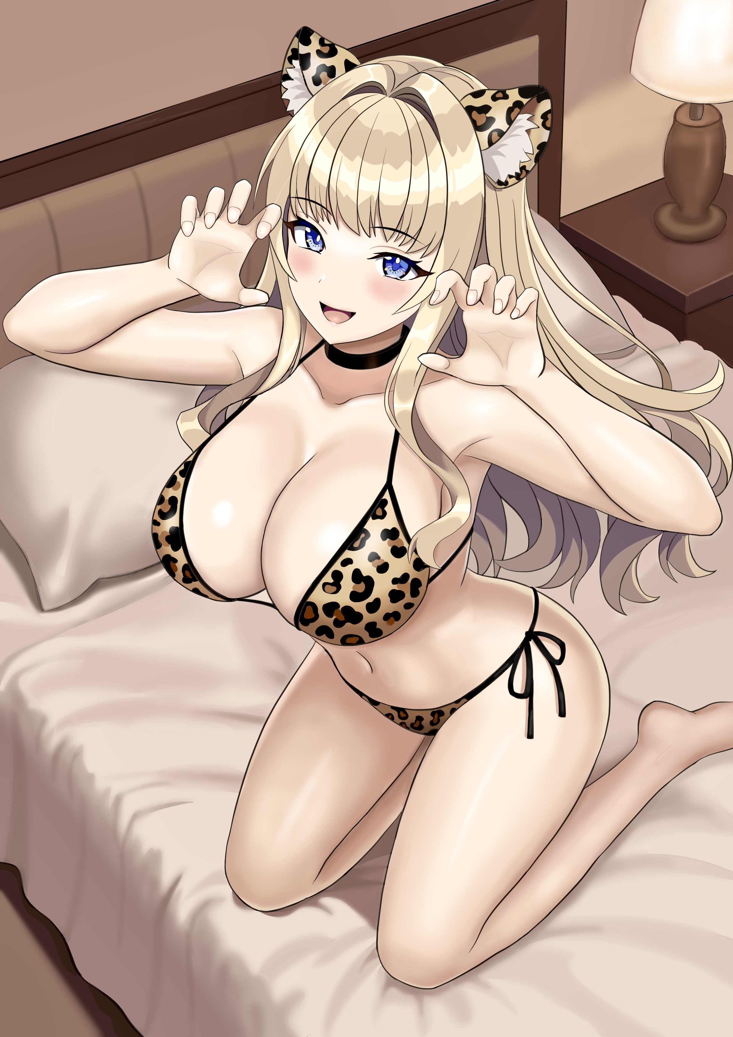 damuko (kxmx4323), kirahoshi kanna, dolphin wave, absurdres, highres, 1girl, animal ears, animal print, bed, bikini, blonde hair, blue eyes, breasts, cleavage, curled fingers, lamp, large breasts, leopard ears, leopard print, leopard print bikini, long hair, print bikini, side-tie bikini bottom, smile, solo, swimsuit
