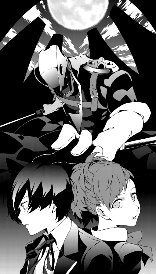 hei jin, oto tin, shiomi kotone, thanatos (persona), yuuki makoto (persona 3), atlus, persona, persona 3, persona 3 portable, 1boy, 1girl, from side, full moon, greyscale, looking at viewer, monochrome, monster, moon, ponytail, profile, short hair, upper body, weapon