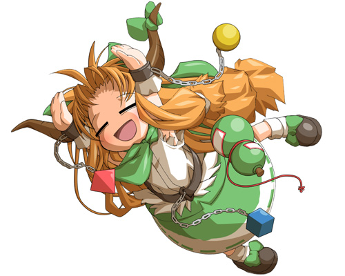 chamupei, ibuki suika, touhou, lowres, 1girl, alternate color, belt, chain, closed eyes, cuffs, female focus, full body, hair ribbon, horns, jumping, long hair, orange hair, player 2, ribbon, simple background, solo, white background