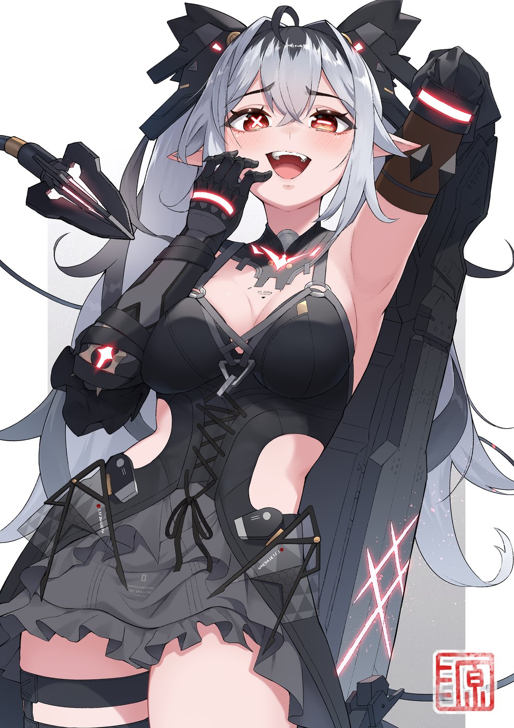 berudora, jetavie: daybreak (pgr), jetavie (pgr), punishing: gray raven, commentary request, highres, 1girl, ahoge, arm behind back, arm up, armpits, barcode, barcode tattoo, black hair, black streaks, breasts, chest tattoo, cleavage, clothing cutout, cowboy shot, crossed bangs, gradient background, grey hair, gun, hair between eyes, hair intakes, hand on own face, hands up, headgear, holding, holding gun, holding weapon, horizontal pupils, laughing, mechanical arms, mechanical tail, medium breasts, mismatched pupils, multicolored hair, open mouth, pointy ears, red eyes, smile, solo, standing, streaked hair, symbol-shaped pupils, tail, tattoo, teeth, twintails, upper teeth only, weapon, white background, x-shaped pupils