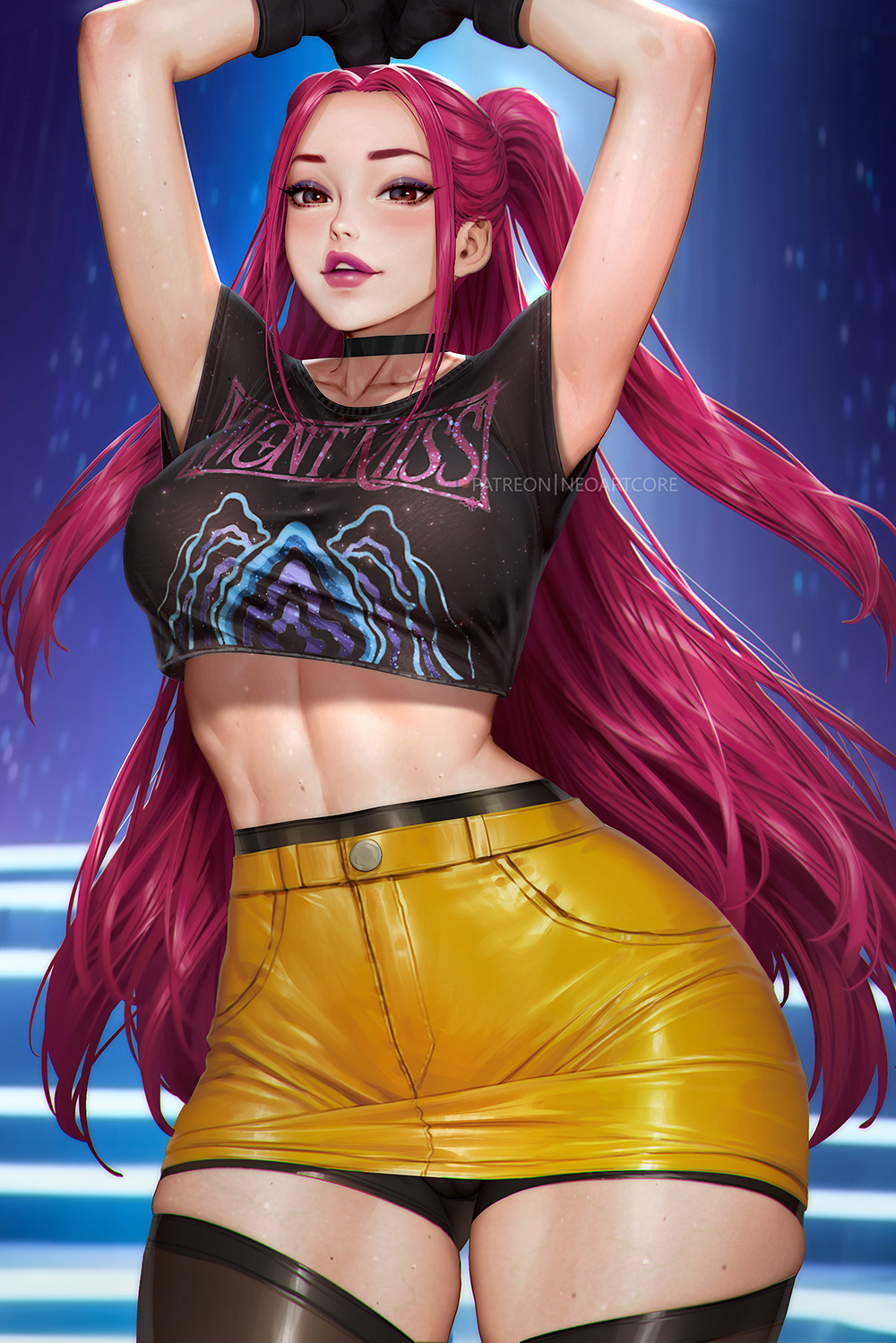 neoartcore, mira (kpop demon hunters), kpop demon hunters, highres, 1girl, black choker, black gloves, black shirt, black thighhighs, choker, clothes writing, collarbone, cropped shirt, eyeshadow, gloves, linea alba, long hair, makeup, midriff, parted lips, pink hair, pink lips, red eyes, shirt, skirt, solo, thighhighs, yellow skirt
