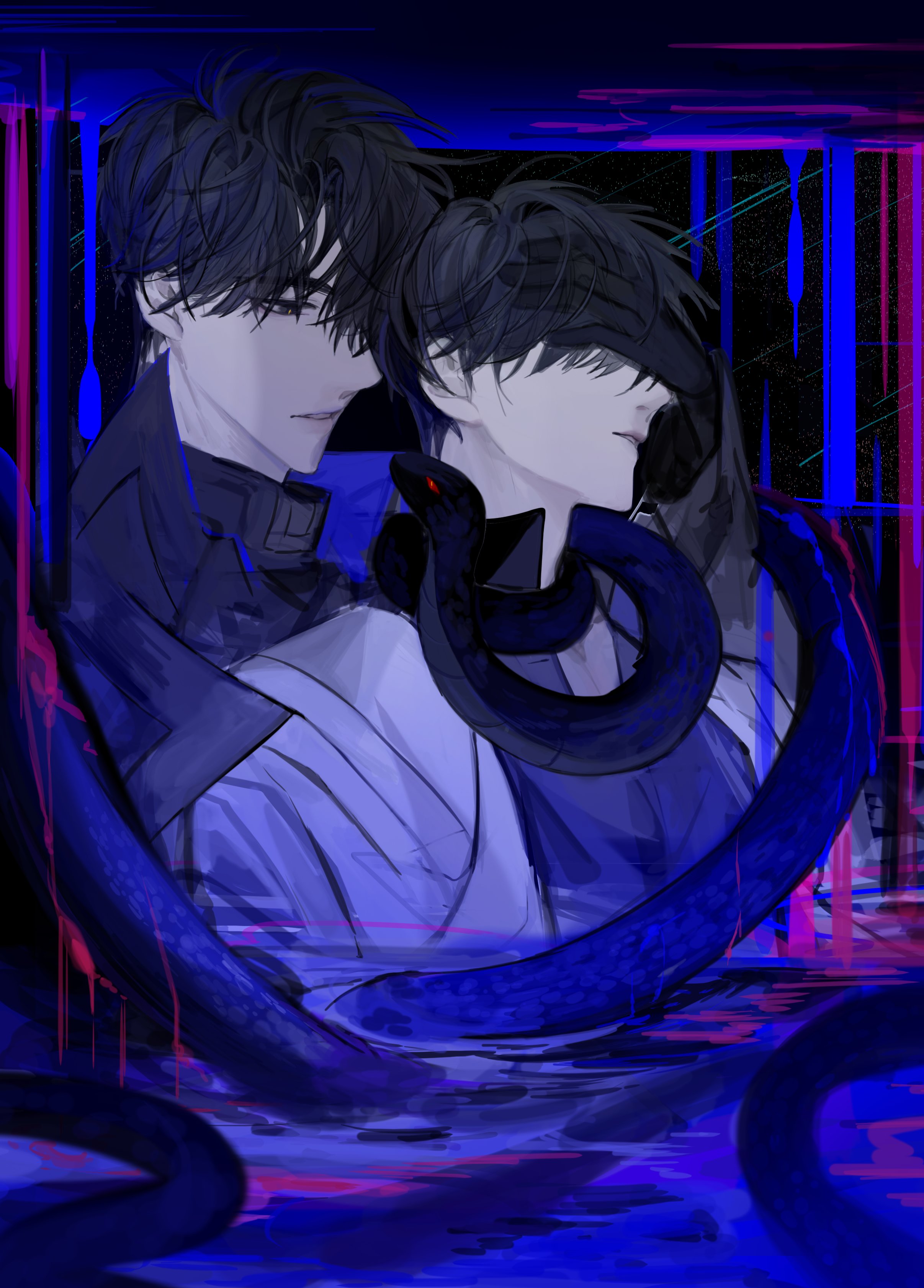 keomikan, kim dokja, yoo joonghyuk, omniscient reader's viewpoint, absurdres, highres, 2boys, ambiguous blue liquid, black coat, black eyes, black gloves, black hair, coat, covering another's eyes, gloves, hand up, male focus, multiple boys, open clothes, open coat, partially submerged, popped collar, short hair, snake, upper body, white coat