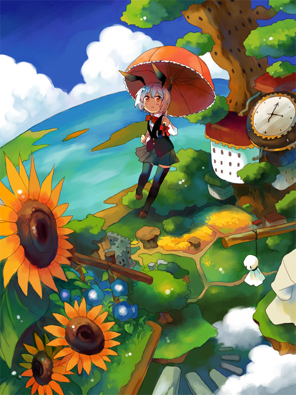shatiko, original, tagme, flower, solo, sunflower, thighhighs, umbrella