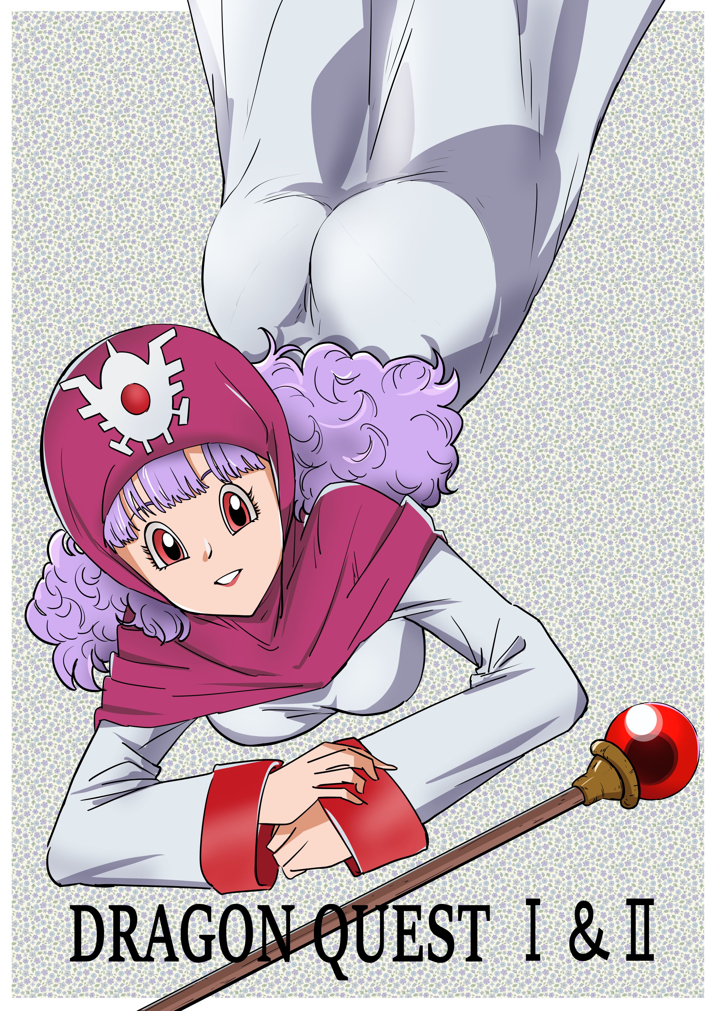 tonotyama, princess of moonbrook, dragon quest, dragon quest ii, absurdres, highres, 1girl, ass, curly hair, dress, flower background, hair between eyes, headscarf, long hair, long sleeves, looking at viewer, purple hair, red eyes, red headscarf, smile, solo, staff, title, white dress