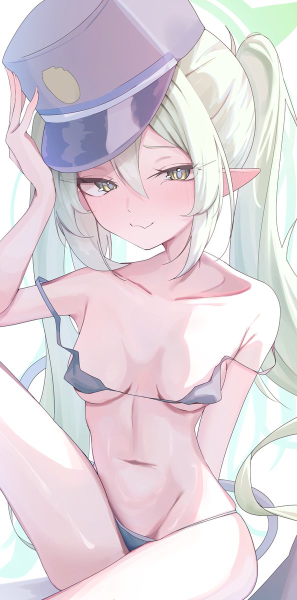 mumu (2arlcevpxn83807), nozomi (blue archive), blue archive, 1girl, bikini, black bikini, blue hat, breasts, green hair, halo, hand on own hat, hat, kepi, knee up, long hair, long twintails, micro bikini, military hat, navel, off-shoulder bikini, off shoulder, pointy ears, sitting, skindentation, small breasts, smile, solo, swimsuit, tail, twintails, white background, yellow eyes