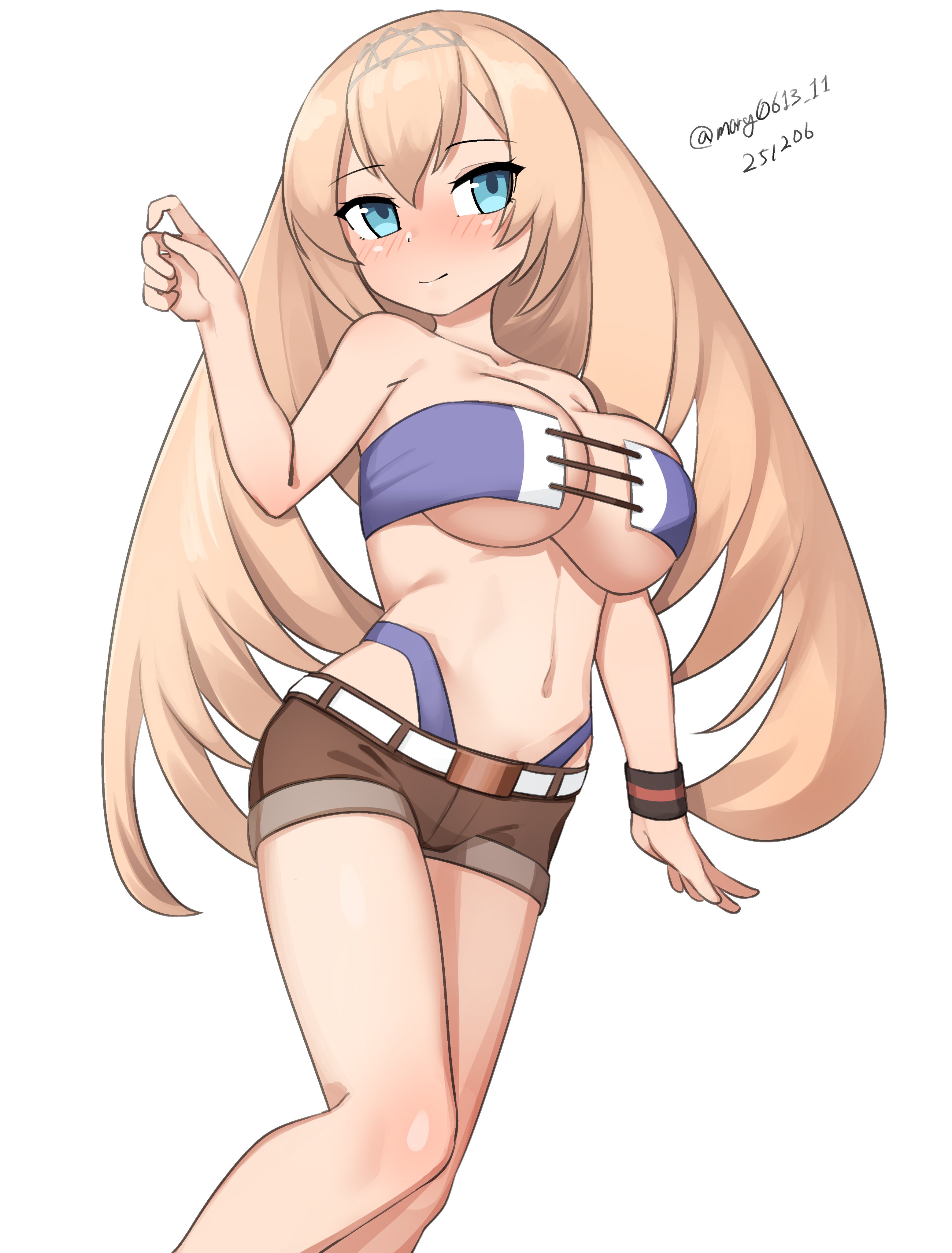 maru (marg0613), ariake (kancolle), ariake (swimsuit) (kancolle), victorious (kancolle), kantai collection, absurdres, highres, 1girl, ariake (kancolle) (cosplay), bikini, blonde hair, blue eyes, breasts, brown shorts, cosplay, facing viewer, feet out of frame, highleg, highleg bikini, large breasts, long hair, looking up, one-hour drawing challenge, purple bikini, shorts, solo, strapless, strapless bikini, swimsuit, upturned eyes