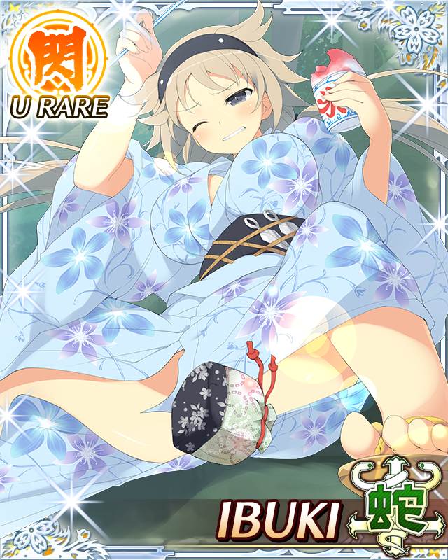 ibuki (senran kagura), senran kagura, senran kagura new wave, game cg, official art, third-party source, 1girl, bag, black hairband, blue kimono, border, brain freeze, breasts, brown hair, card (medium), character name, convenient censoring, cup, floral print, floral print kimono, food, grey eyes, hairband, headache, holding, holding cup, holding spoon, japanese clothes, kimono, large breasts, long hair, low twintails, one eye closed, print kimono, sandals, shaved ice, sitting, solo, spoon, spread legs, twintails