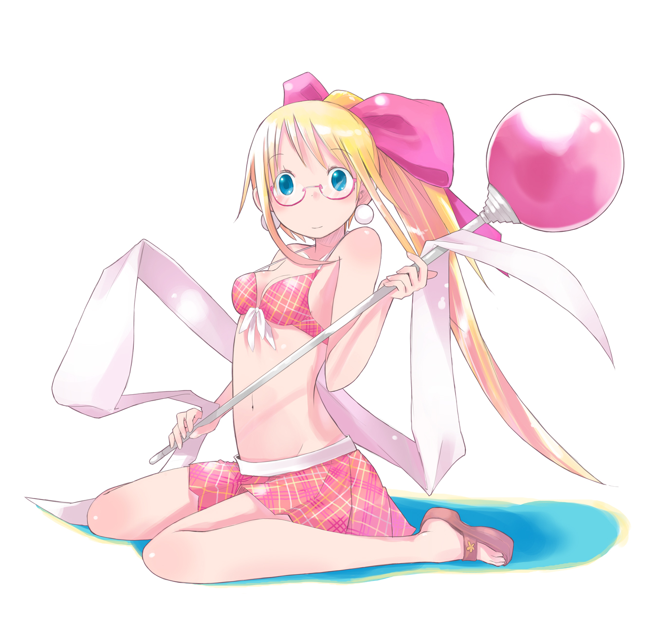 shiba yuusuke, original, highres, 1girl, bikini, bikini skirt, blonde hair, blue eyes, female focus, glasses, legs, long hair, pink bikini, ponytail, skirt, solo, swimsuit, very long hair