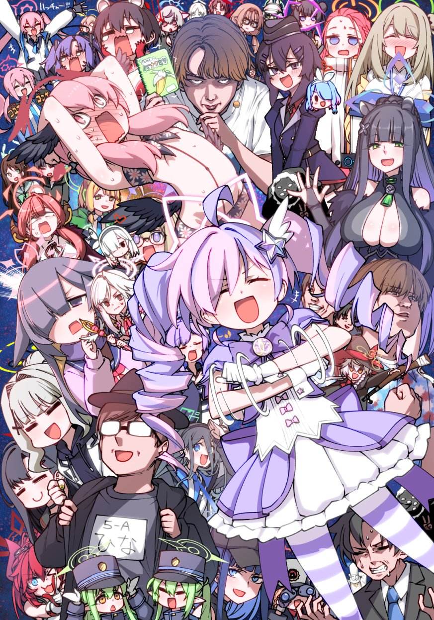 hitotose rin, arona (blue archive), hikari (blue archive), koharu (blue archive), koharu (swimsuit) (blue archive), koyuki (blue archive), nozomi (blue archive), reisa (blue archive), reisa (magical) (blue archive), sensei (blue archive), shun (blue archive), yuzu (blue archive), blue archive, character request, highres, 4boys, 6+girls, black hair, blue hair, breasts, brown hair, cleavage, drill hair, green eyes, halo, large breasts, long hair, medium hair, multiple boys, multiple girls, pink hair, purple hair, short hair, twin drills