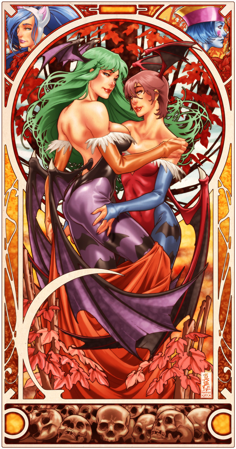 mark brooks, felicia (darkstalkers), hsien-ko, lilith (darkstalkers), morrigan aensland, capcom, darkstalkers, print legwear, highres, 4girls, animal print, art nouveau, ass, autumn leaves, back, bare shoulders, bat print, bat wings, blue skin, blush stickers, breasts, bridal gauntlets, card (medium), colored skin, demon girl, elbow gloves, gloves, large breasts, leaf, leotard, lips, lipstick, makeup, multiple girls, pantyhose, print pantyhose, purple hair, red leotard, short hair, sideboob, tarot, tarot (medium), wings