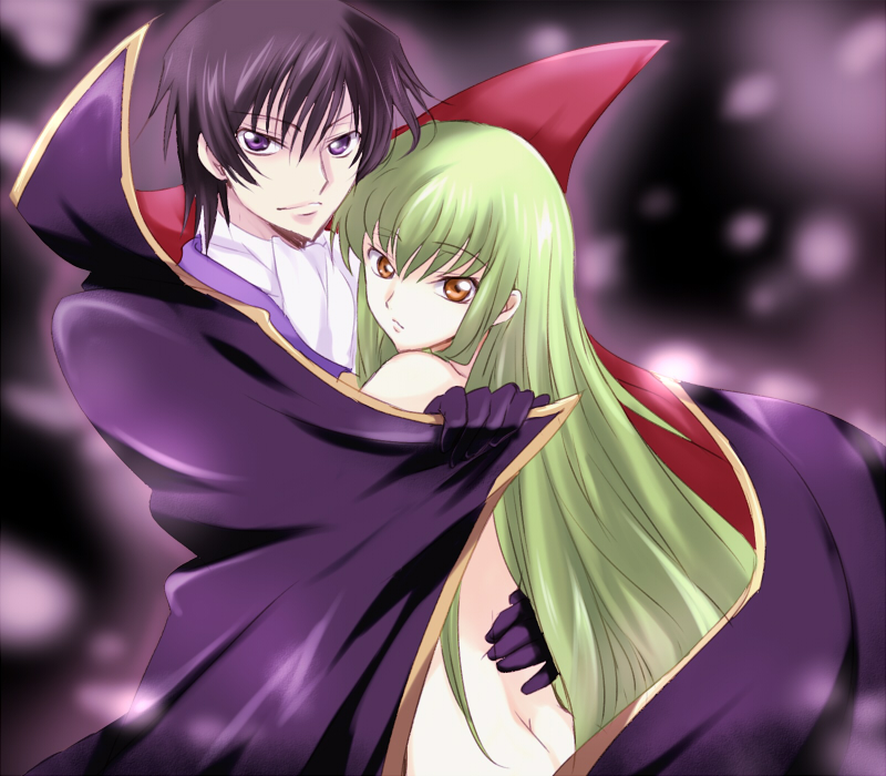 maruki (punchiki), c.c., lelouch vi britannia, code geass, bad id, bad pixiv id, 00s, cape, dimples of venus, green hair, long hair
