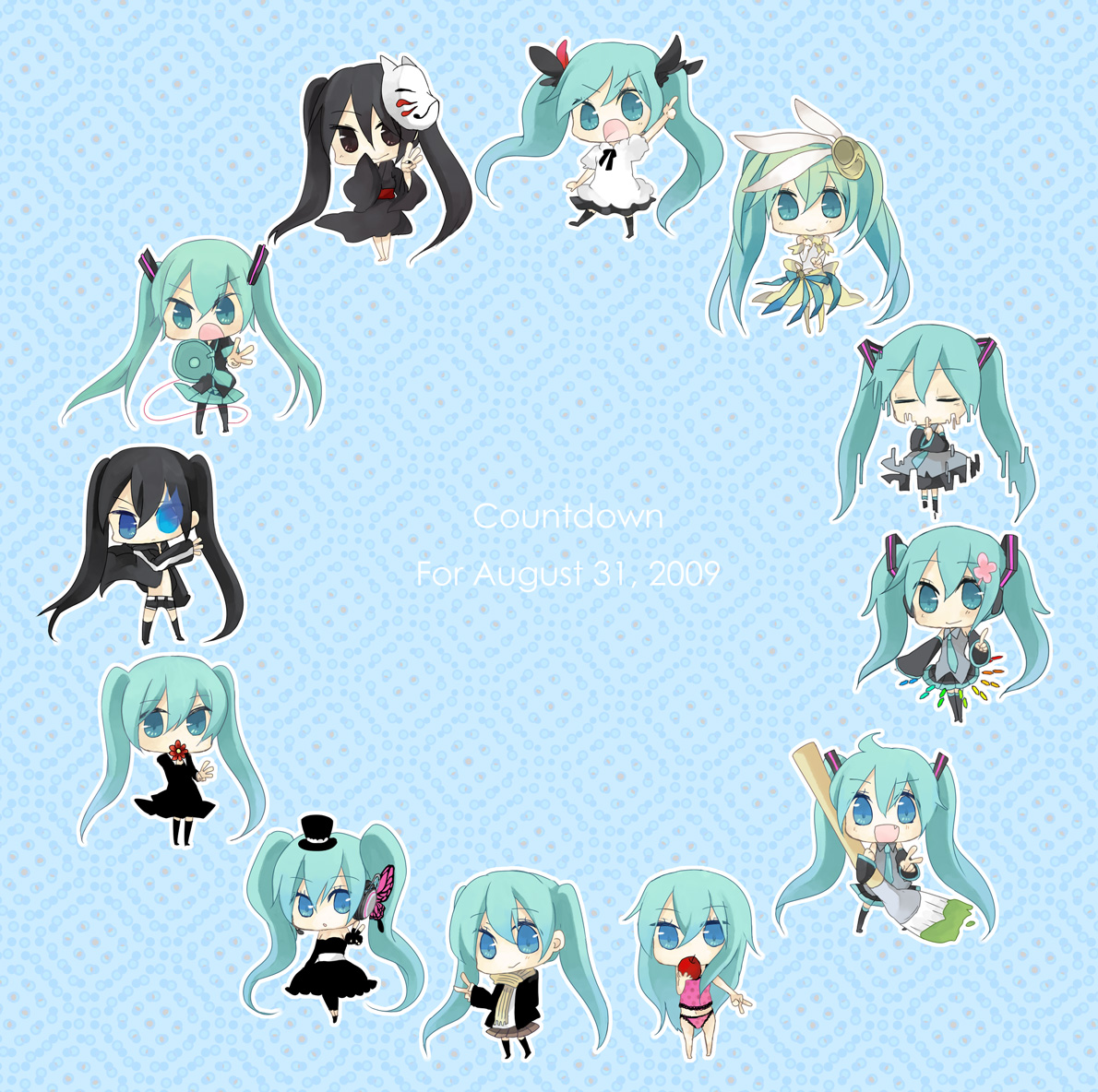 mui, black rock shooter (character), hatsune miku, hatsune miku (orbit), hatsune miku (saihate), black rock shooter, hajimete no koi ga owaru toki (vocaloid), hatsune miku no shoushitsu (vocaloid), koi wa sensou (vocaloid), magnet (vocaloid), melt (vocaloid), miracle paint (vocaloid), musunde hiraite rasetsu to mukuro (vocaloid), romeo to cinderella (vocaloid), saihate (vocaloid), spica (vocaloid), vocaloid, world is mine (vocaloid), 10s, 6+girls, apple, aqua eyes, aqua hair, art brush, black dress, black eyes, black hair, blue eyes, chibi, closed eyes, coat, dress, fang, flower, food, fox mask, fruit, full body, hat, headphones, leggings, long hair, mask, megaphone, mini hat, mini top hat, multiple girls, multiple persona, paintbrush, scarf, skirt, smile, songover, thighhighs, top hat, twintails, v