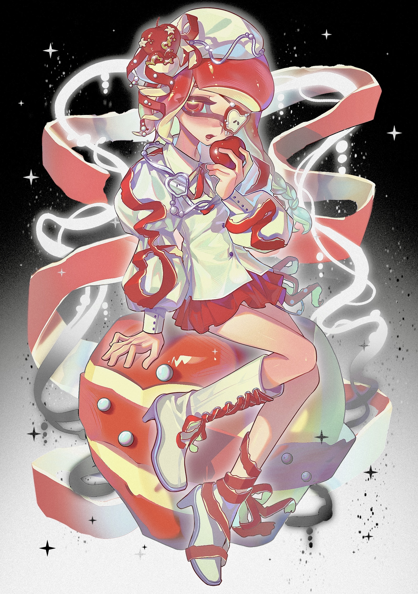 foamamm, inkling girl, inkling player character, nintendo, splatoon (series), absurdres, highres, 1girl, :o, apple, apple hair ornament, asymmetrical footwear, beret, blonde hair, boots, braid, collared shirt, dress shirt, eating, eyepatch, food, food-themed hair ornament, fruit, full body, hair ornament, hat, holding, holding food, holding fruit, inkling, knee boots, lace-up boots, long hair, long sleeves, looking at viewer, multicolored hair, one eye covered, open mouth, puffy long sleeves, puffy sleeves, red eyes, red hair, red skirt, shirt, single braid, single knee boot, sitting, skirt, solo, tentacle hair, two-tone hair, uneven footwear, white boots, white hat, white shirt