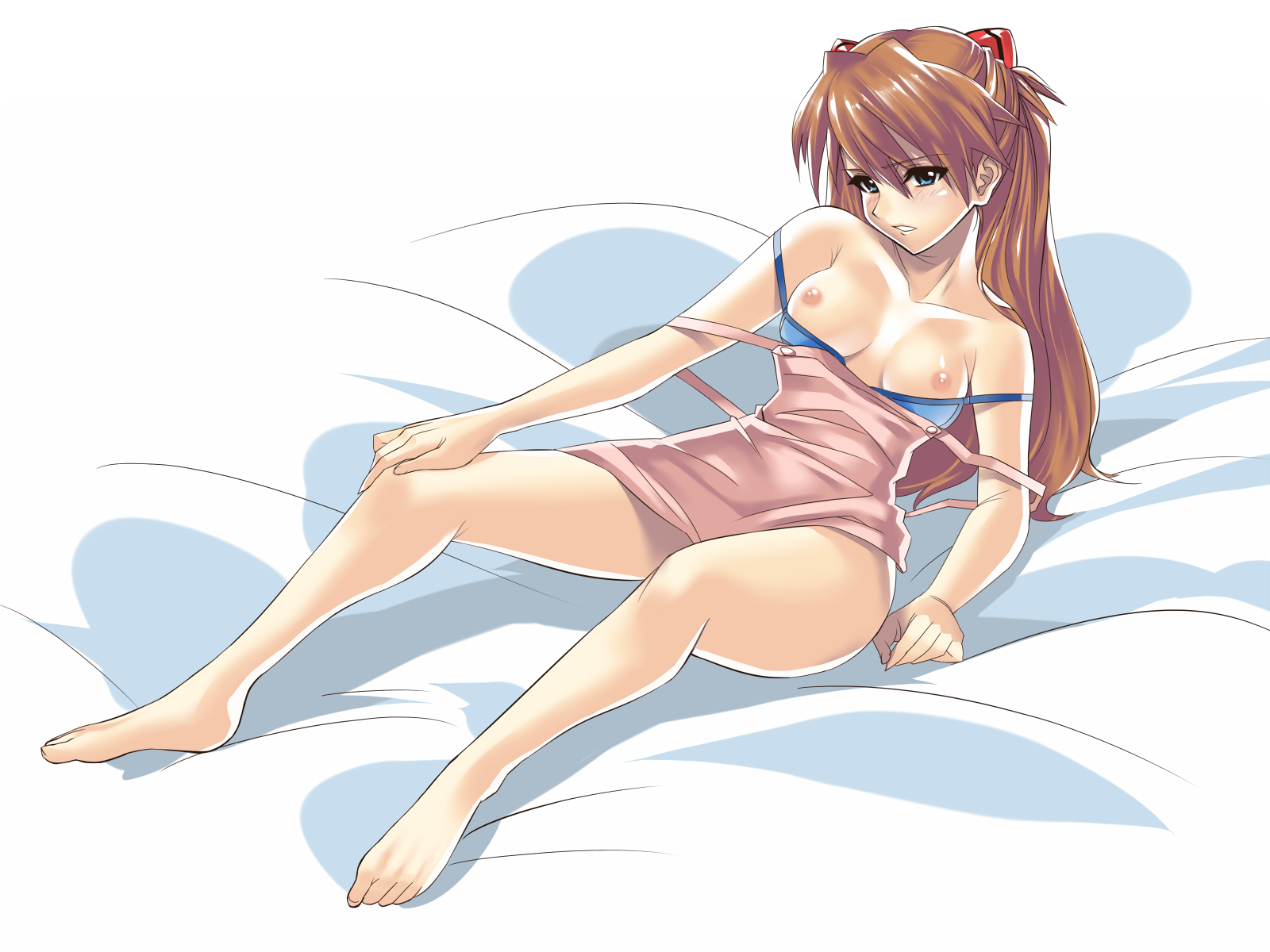 okita ababa, souryuu asuka langley, neon genesis evangelion, rebuild of evangelion, bad id, bad pixiv id, highres, 00s, 1girl, bare shoulders, barefoot, blush, breasts, feet, female focus, hair ribbon, long hair, nipple slip, nipples, no bra, orange hair, ribbon, sitting, solo
