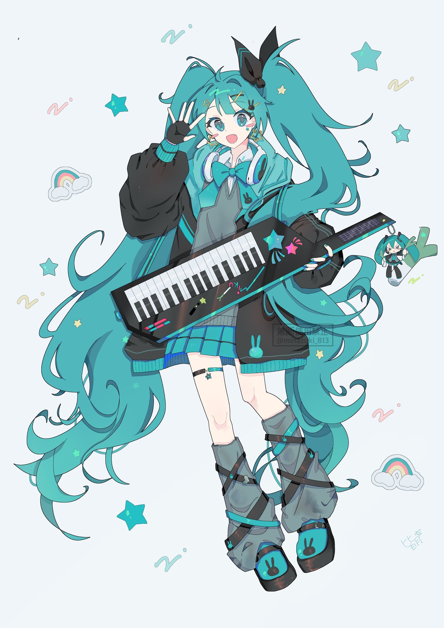 minazuki (minaduki 0318), hatsune miku, vocaloid, commentary, highres, symbol-only commentary, animal print, aqua eyes, aqua hair, aqua hood, aqua skirt, aqua socks, baggy clothes, black gloves, black hoodie, black shoes, blunt bangs, blush stickers, bow, cardigan, character doll, chibi, collared shirt, cross-laced clothes, cross-laced legwear, diagonal-striped clothes, doll, earrings, eyelashes, fang, fingerless gloves, gloves, grey cardigan, grey leg warmers, grey sweater, hair bow, hair ornament, hair ribbon, hairclip, headphones, headphones around neck, holding, holding instrument, hood, hoodie, instrument, jewelry, keytar, leg warmers, long hair, looking at viewer, messy hair, open mouth, pleated skirt, rabbit print, ribbon, shirt, shoes, skin fang, skirt, smile, socks, spring onion, star (symbol), star earrings, star hair ornament, sticker, striped clothes, sweater, two-tone hoodie, very long hair, waving, wavy hair, x hair ornament