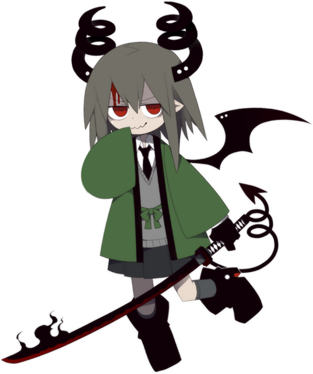 funamusea (artist), hanten (funamusea), funamusea, sutare yume, official art, 1girl, black gloves, black horns, blood, blood on face, boots, curled horns, demon girl, demon horns, demon tail, demon wings, flying, full body, gloves, green jacket, grey hair, holding, holding sword, holding weapon, horns, jacket, katana, necktie, pointy ears, red eyes, school uniform, simple background, skirt, sleeves past fingers, sleeves past wrists, smirk, solo, sword, tail, vest, weapon, white background, wings