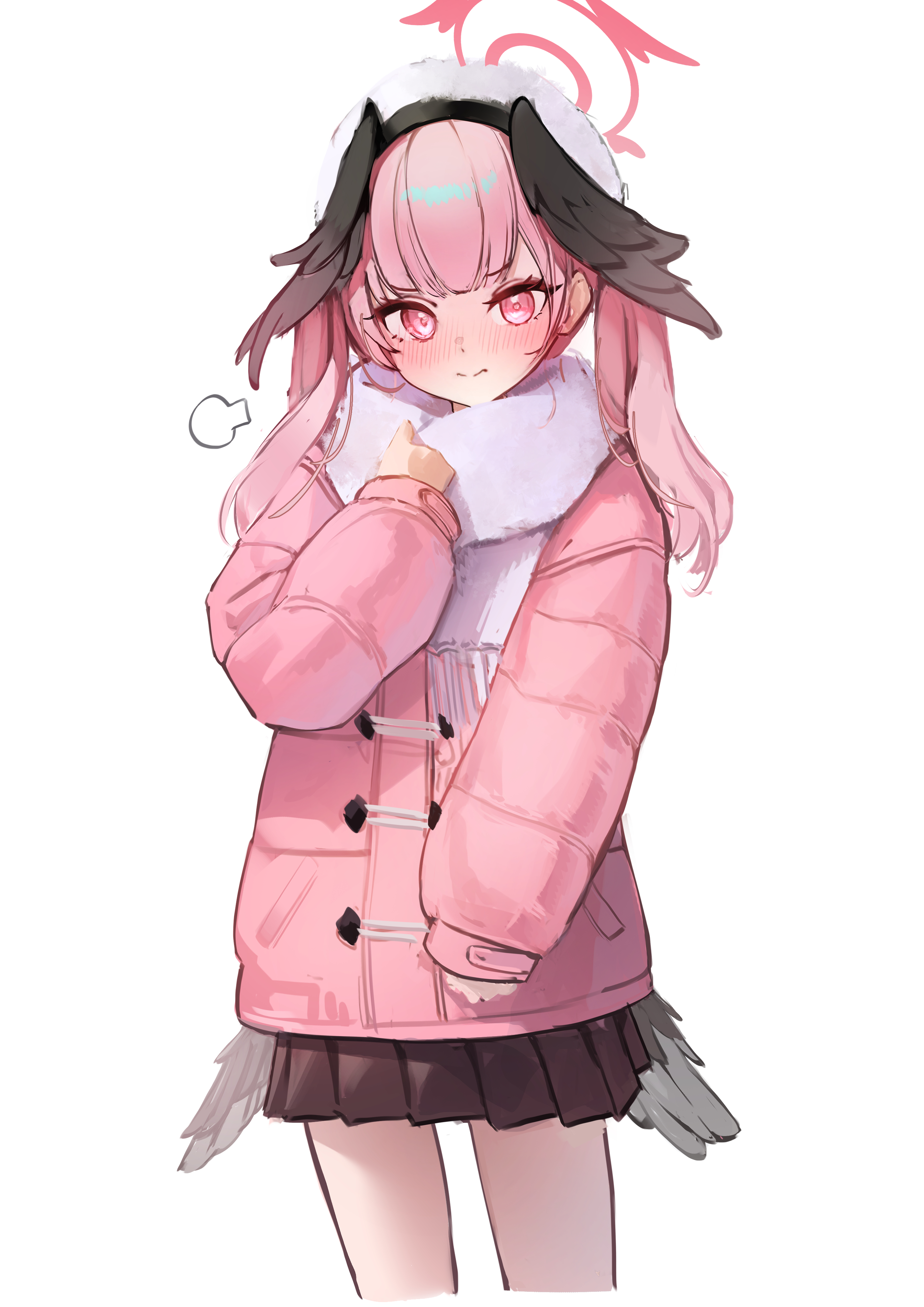 bubble99, koharu (blue archive), blue archive, absurdres, highres, 1girl, black skirt, black wings, blush, closed mouth, cropped legs, halo, hand up, hat, head wings, jacket, long hair, looking at viewer, pink eyes, pink hair, pink jacket, pleated skirt, red halo, scarf, simple background, skirt, sleeves past wrists, solo, twintails, white background, white hat, white scarf, wings, winter clothes