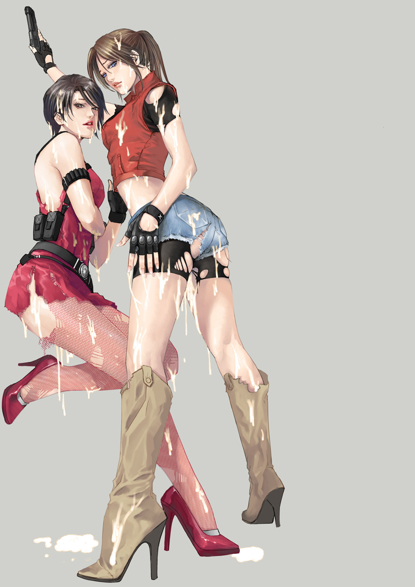 sww13, ada wong, claire redfield, capcom, resident evil, resident evil 2, bad id, bad pixiv id, 2girls, ass, black hair, blue eyes, boots, brown hair, bukkake, cowboy boots, cum, cum on body, cum on clothes, cum on hair, cum on lower body, denim, denim shorts, facial, fishnets, gun, handgun, high heel boots, high heels, kneepits, legs, lips, midriff, multiple girls, semi-automatic pistol, shoes, shorts, torn clothes, weapon