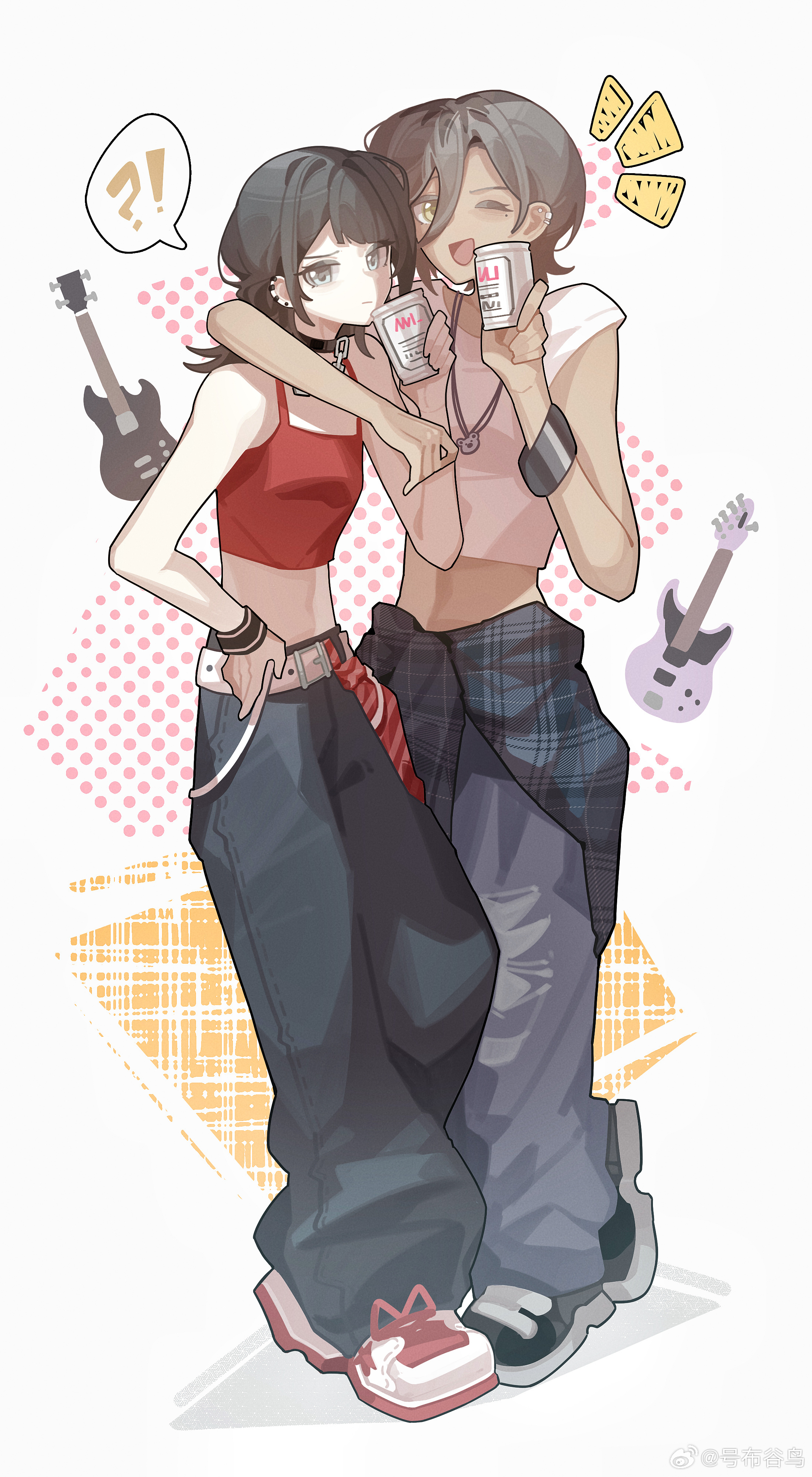 haobuguniao, rupa (girls band cry), yahata umiri, bang dream!, bang dream! it's mygo!!!!!, girls band cry, absurdres, chinese commentary, commentary request, highres, 2girls, arm around neck, bass guitar, black hair, black pants, brown hair, camisole, can, censored, crop top, ear piercing, grey pants, hair between eyes, holding, holding can, instrument, instrument connection, long hair between eyes, medium hair, midriff, mole, mole under eye, mosaic censoring, multiple girls, one eye closed, open mouth, pants, piercing, red camisole, shirt, short hair, smile, white shirt