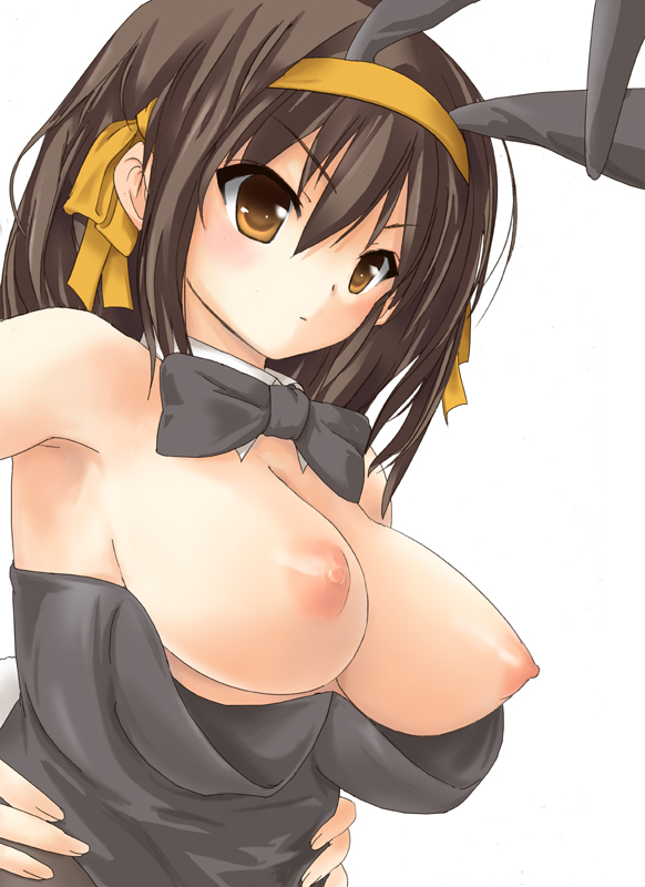 garickson, suzumiya haruhi, suzumiya haruhi no yuuutsu, 00s, 1girl, animal ears, black bow, black bowtie, bow, bowtie, breasts, brown eyes, brown hair, detached collar, fake animal ears, female focus, hands on own hips, large breasts, nipples, playboy bunny, rabbit ears, solo