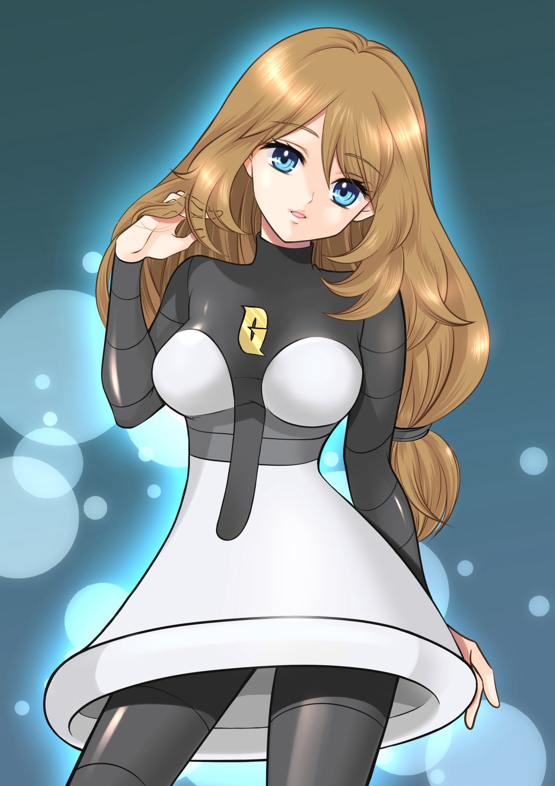 maskmaya1, mars (pokemon), serena (pokemon), nintendo, pokemon, pokemon dppt, pokemon xy, commentary request, commission, highres, 1girl, blonde hair, blue eyes, breasts, cosplay, dress, logo, long hair, long sleeves, looking at viewer, mars (pokemon) (cosplay), open mouth, skirt, smile, solo, team galactic, team galactic uniform, thighhighs